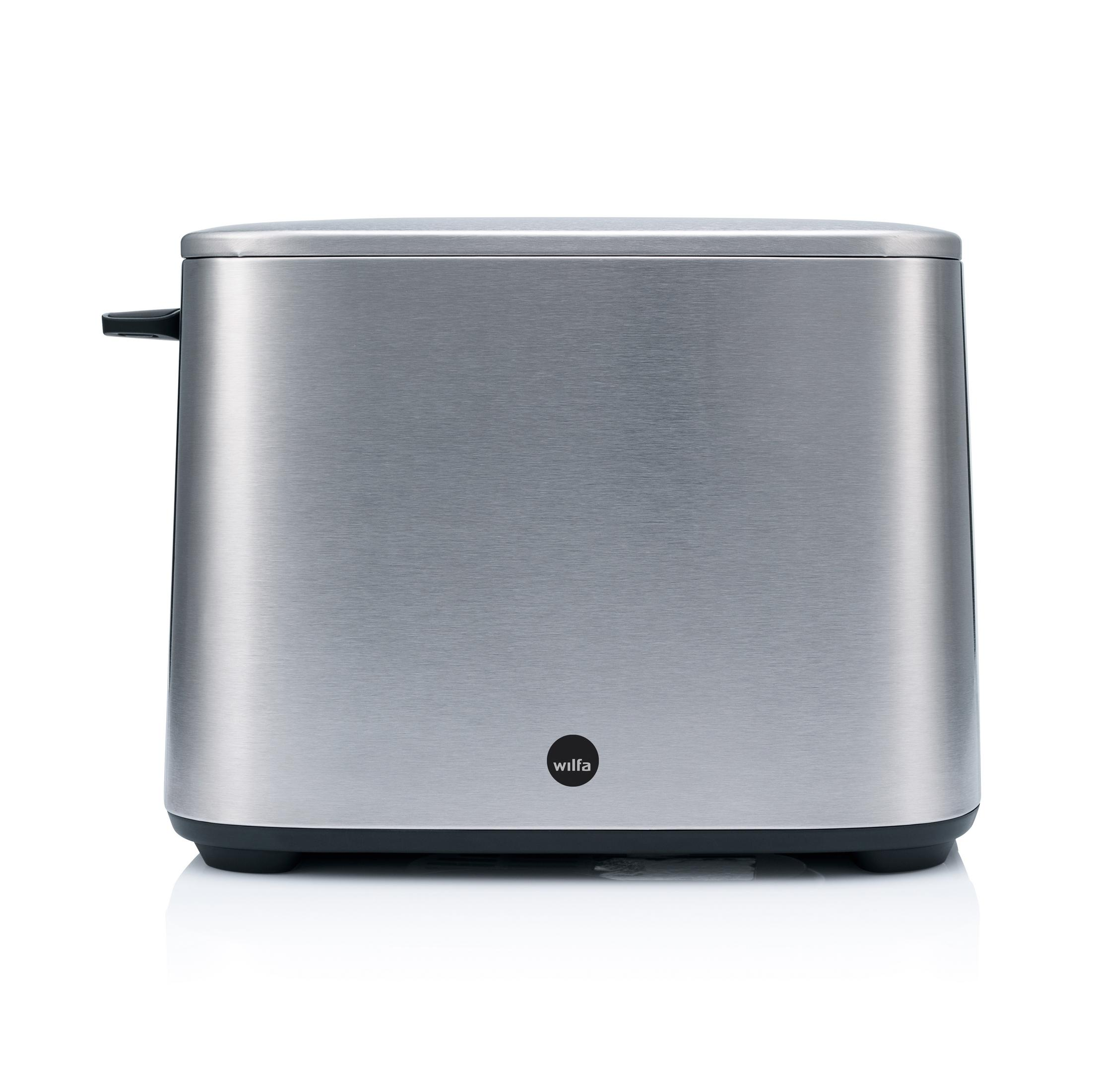 Ein silberner Toaster auf weißem Hintergrund. Er hat einen kleinen schwarzen Hebel und den Markennamen.