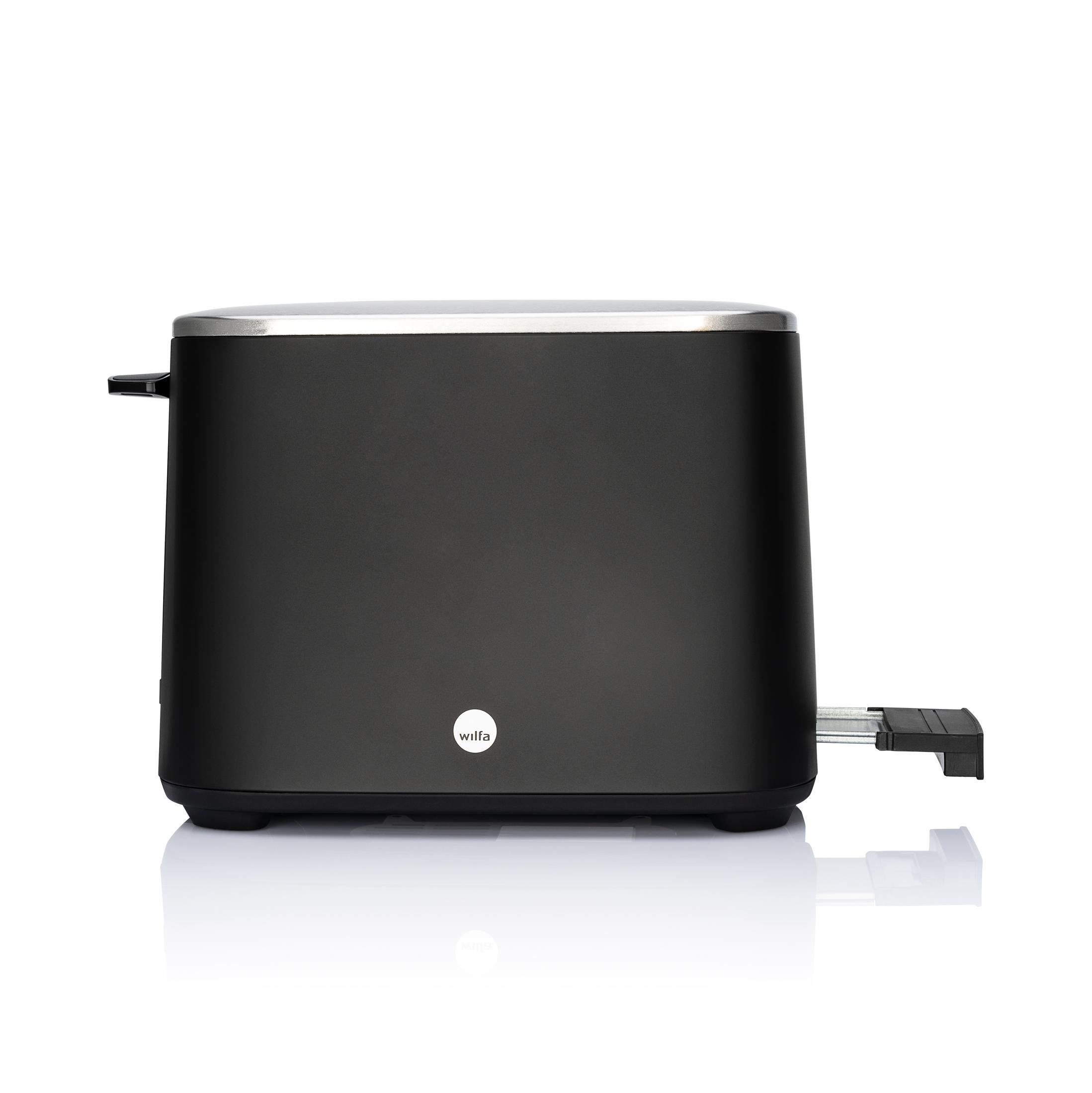 Ein schwarzer Toaster mit silbernem Oberteil und einem Schiebehebel an der Seite, auf weißem Hintergrund.