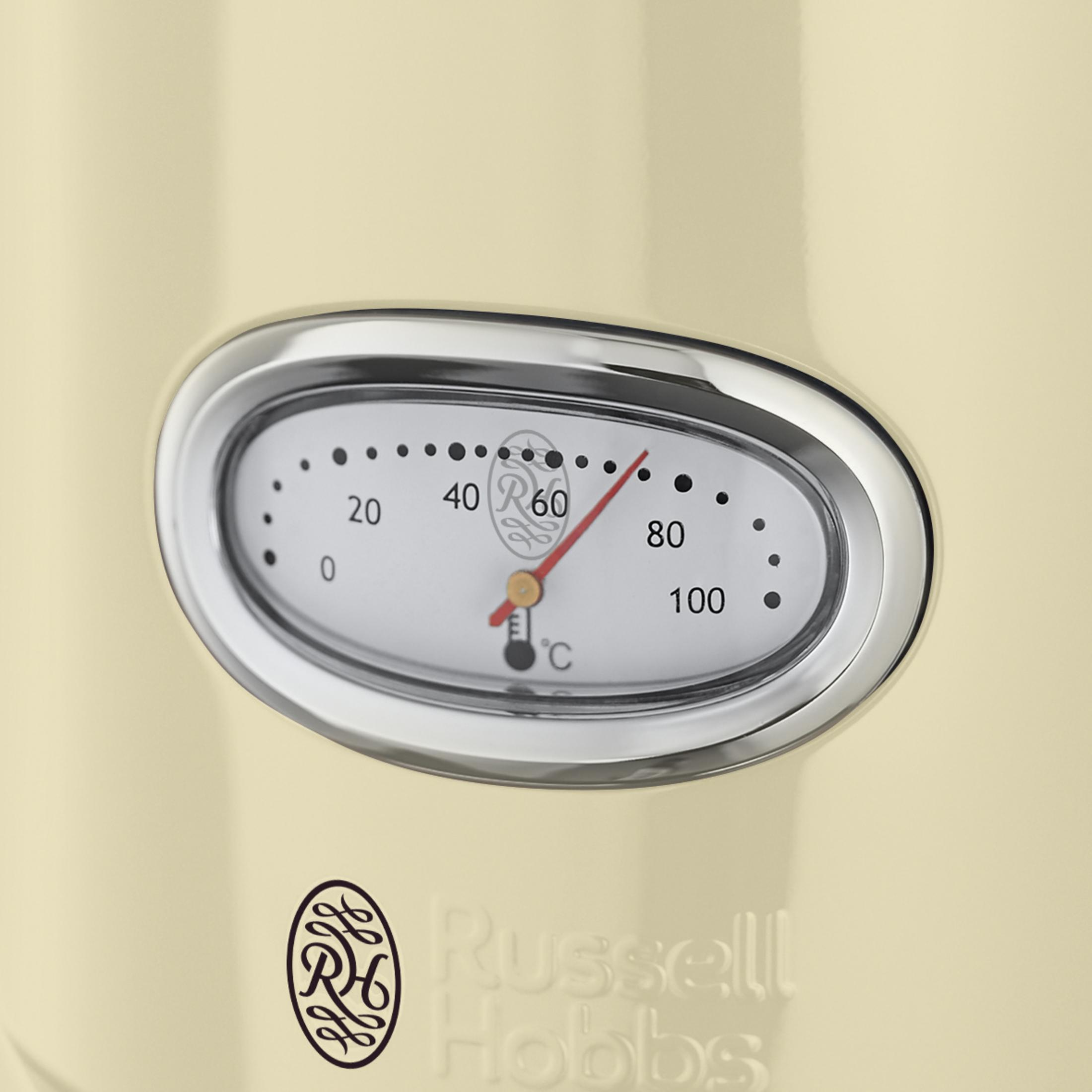 Cremefarbener Wasserkocher mit Temperaturanzeige und Russell Hobbs Logo.