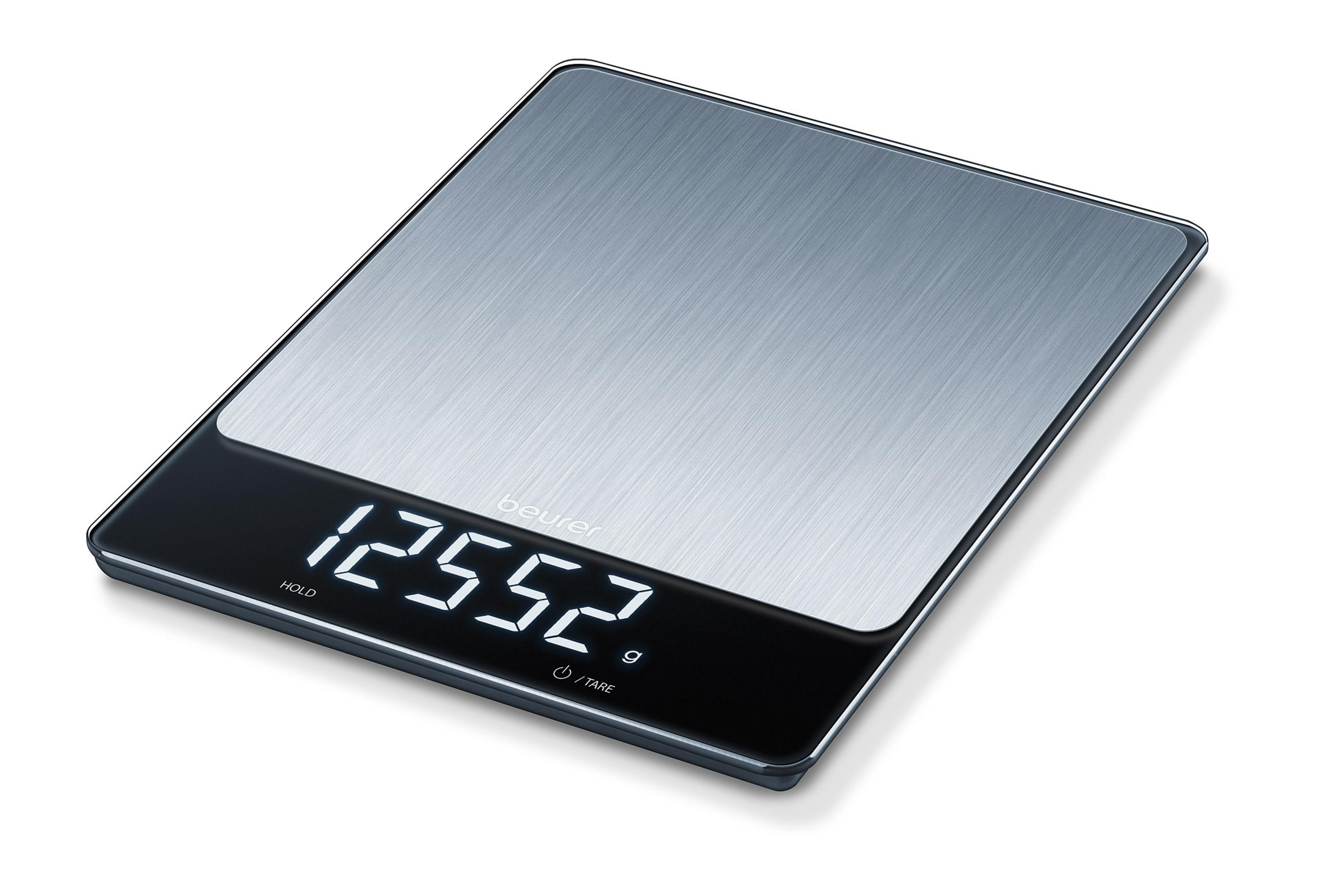 Eine digitale Küchenwaage mit schwarzem und silbernem Design, die ein Gewicht von 12552 g anzeigt.