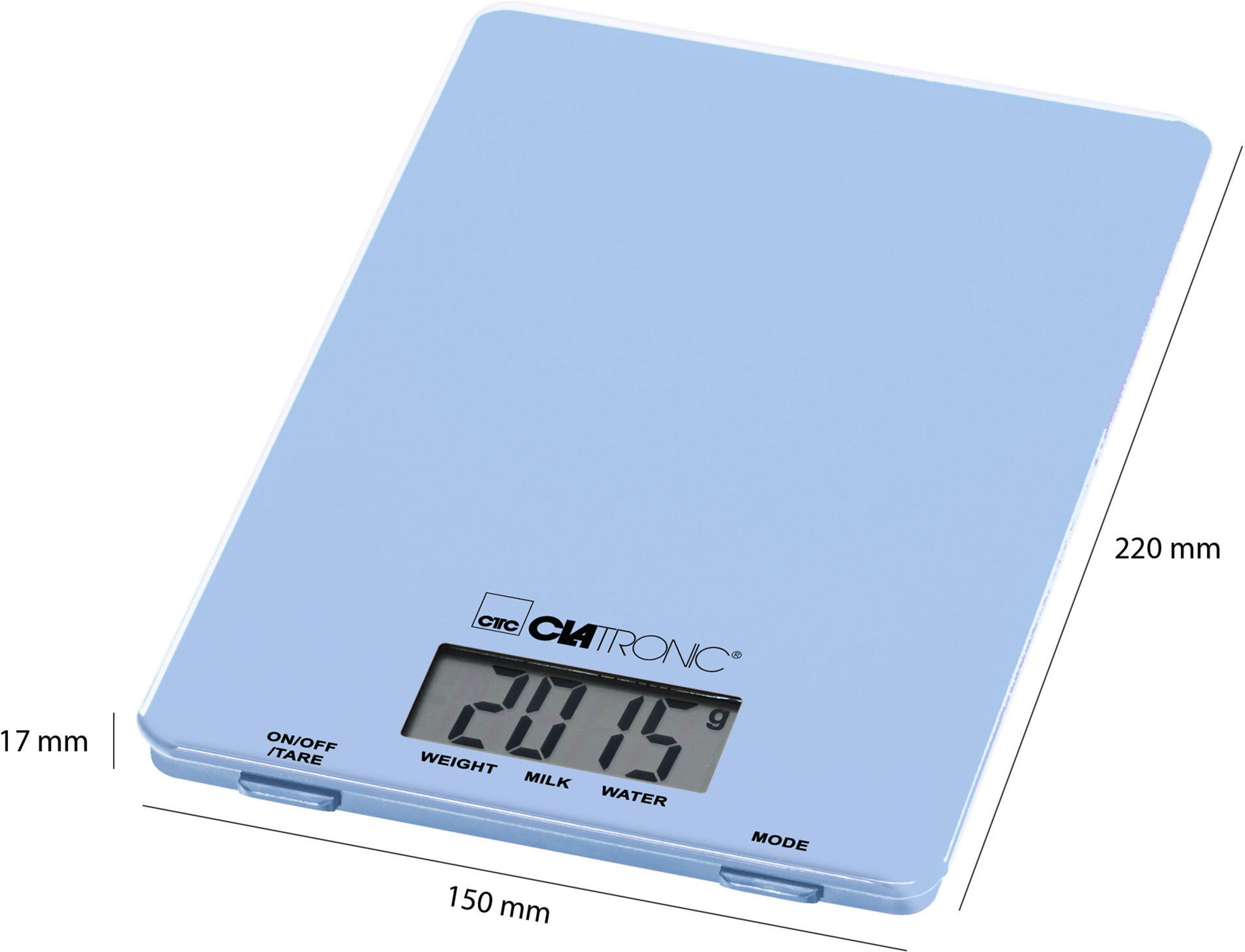 Niebieska cyfrowa waga kuchenna z wymiarami i pomiarami wyświetlanymi na ekranie.