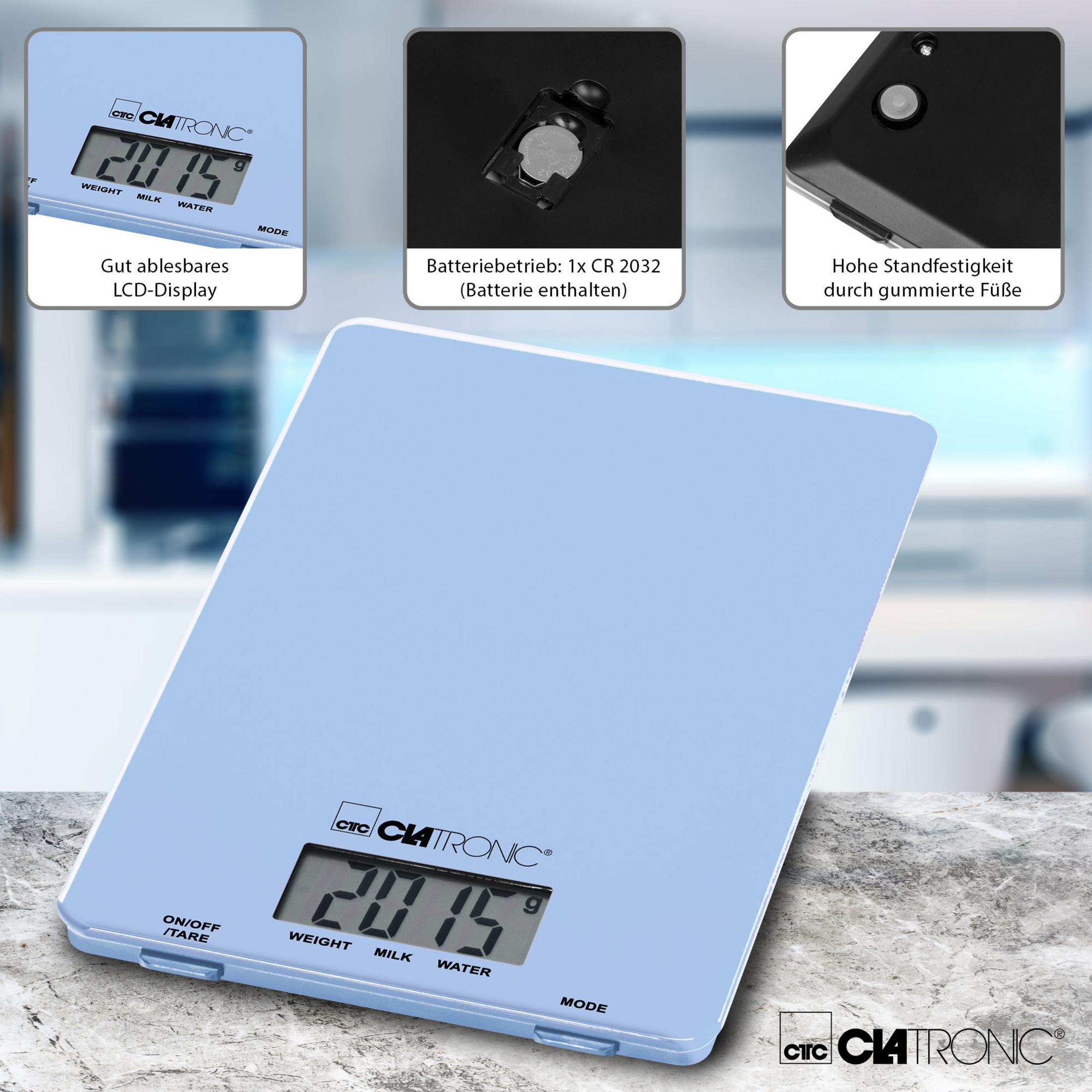 Niebieska waga kuchenna z wyświetlaczem cyfrowym pokazującym 2015. Ma przyciski.