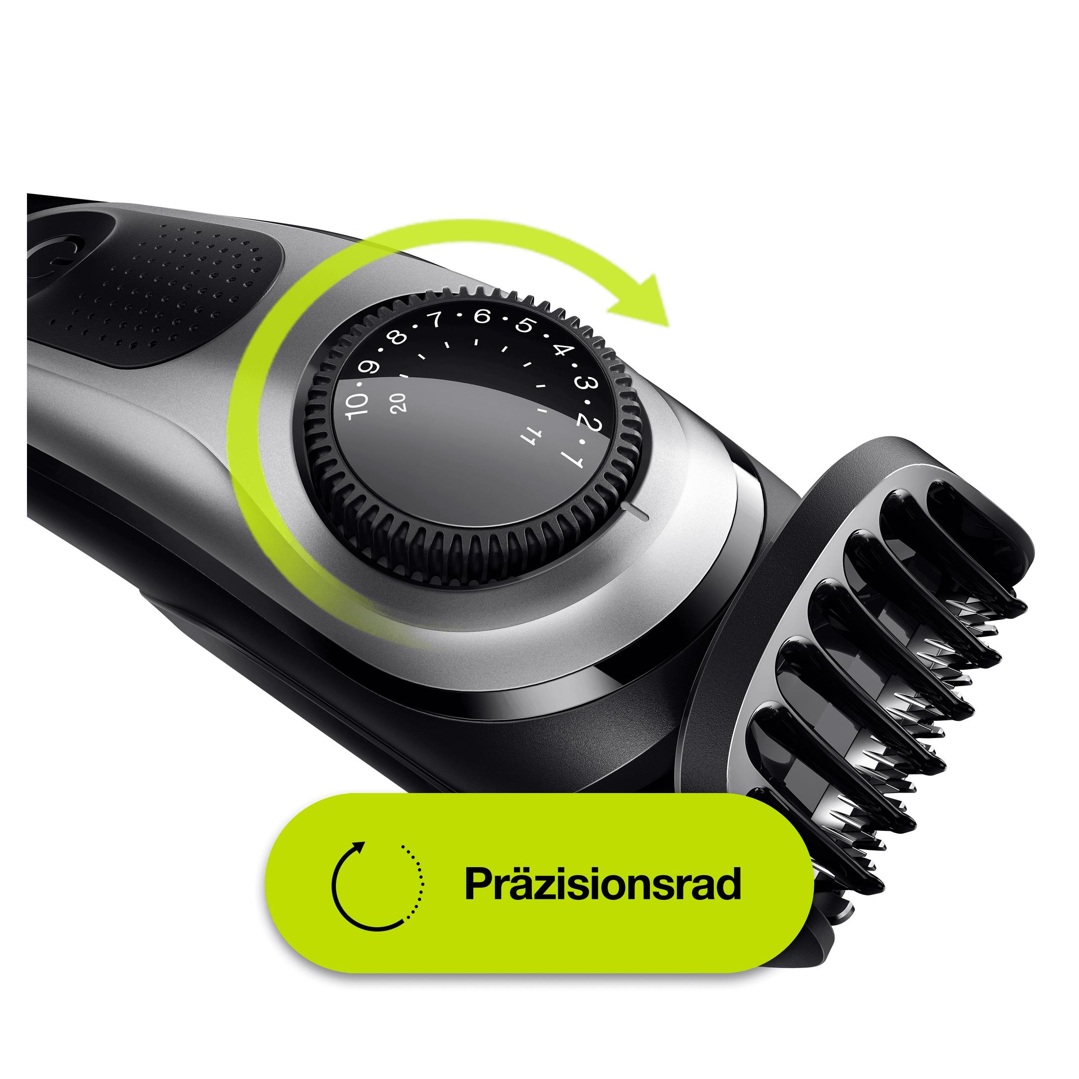 Close-up of a beard trimmer with a rotating dial showing length settings.