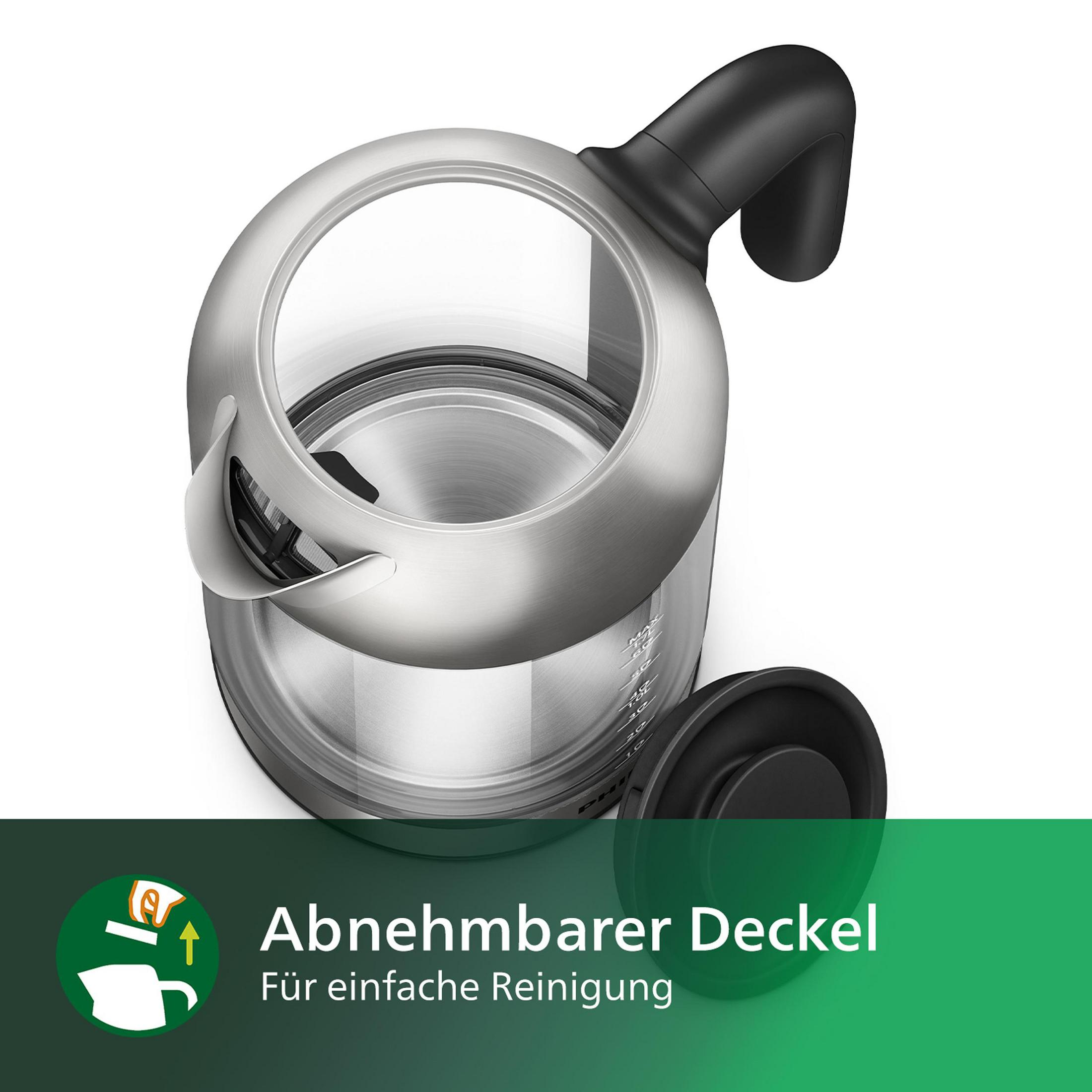 Srebrny i szklany czajnik elektryczny z czarnym uchwytem i zdejmowaną czarną pokrywą, na białym tle.