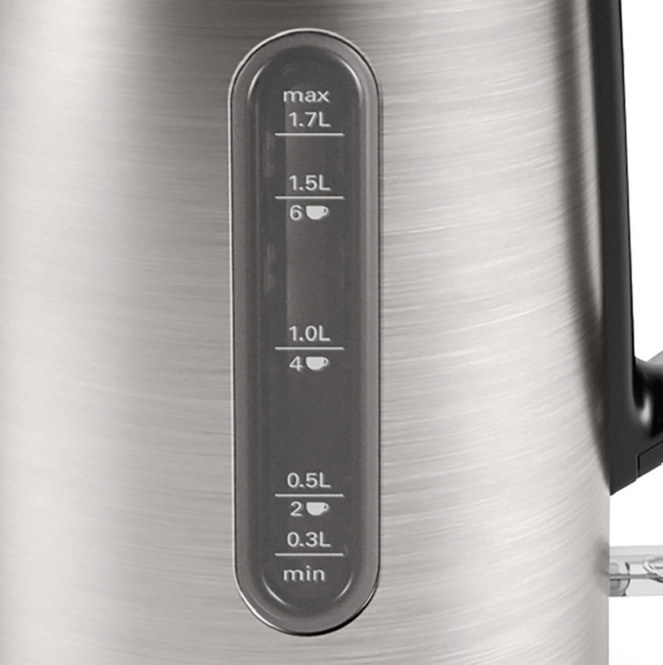 Bollitore in acciaio inox, indicatore livello acqua con misure in litri e icone tazze.