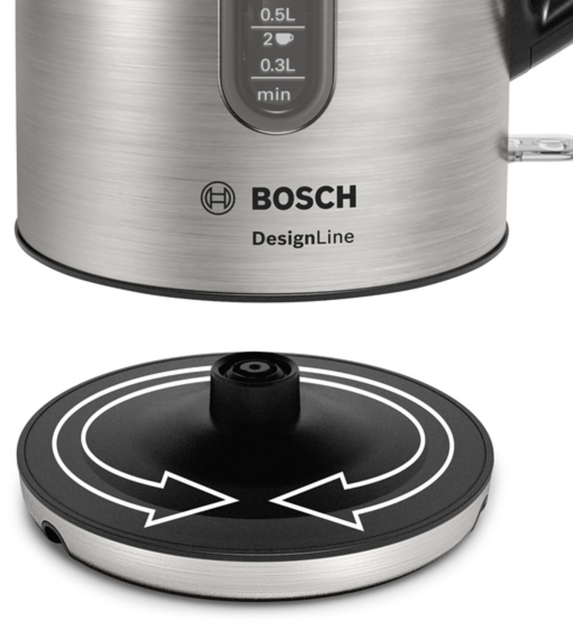 Bollitore argentato con base nera, logo Bosch. Frecce indicano la rotazione.