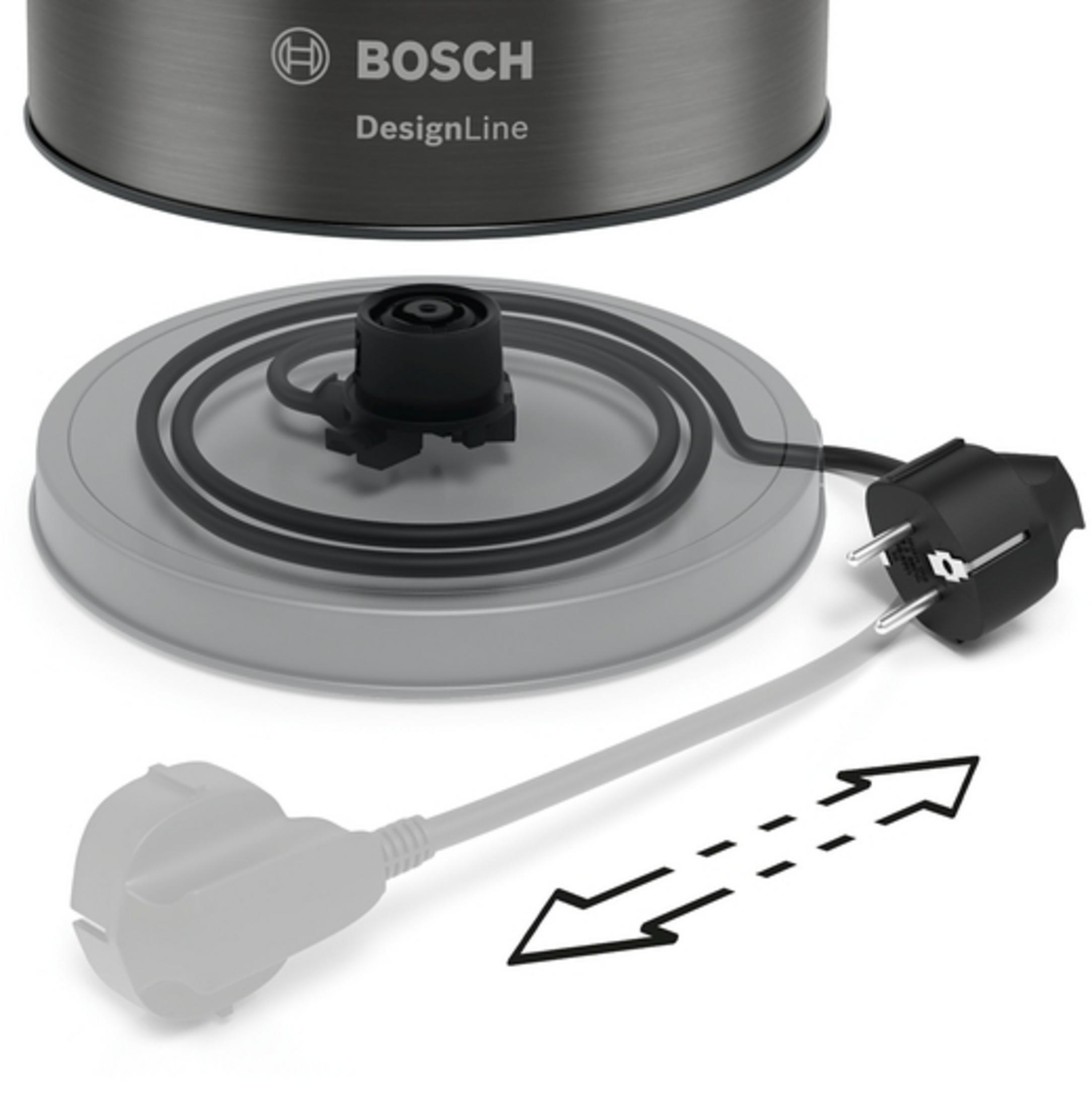 Podstawa czajnika Bosch, wtyczka i kabel. Czarne strzałki wskazują ruch wtyczki.