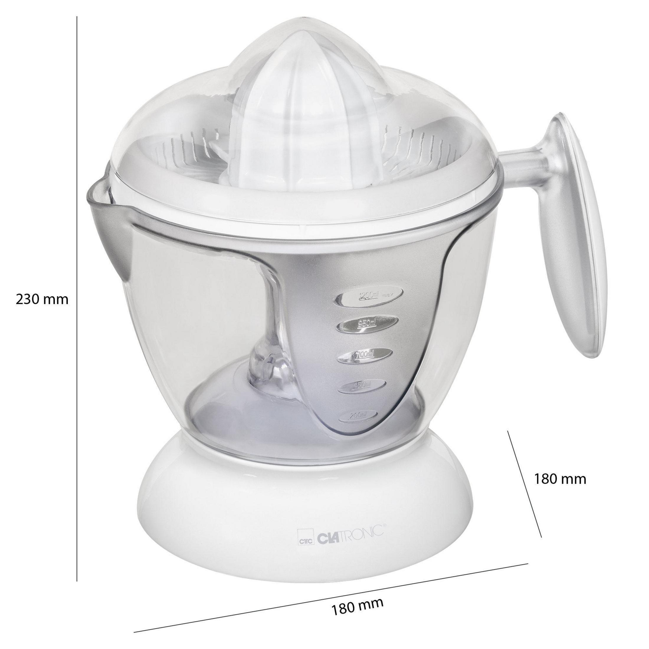 Biała i przezroczysta wyciskarka do soku z miarką. Ma białą podstawę i uchwyt z boku.