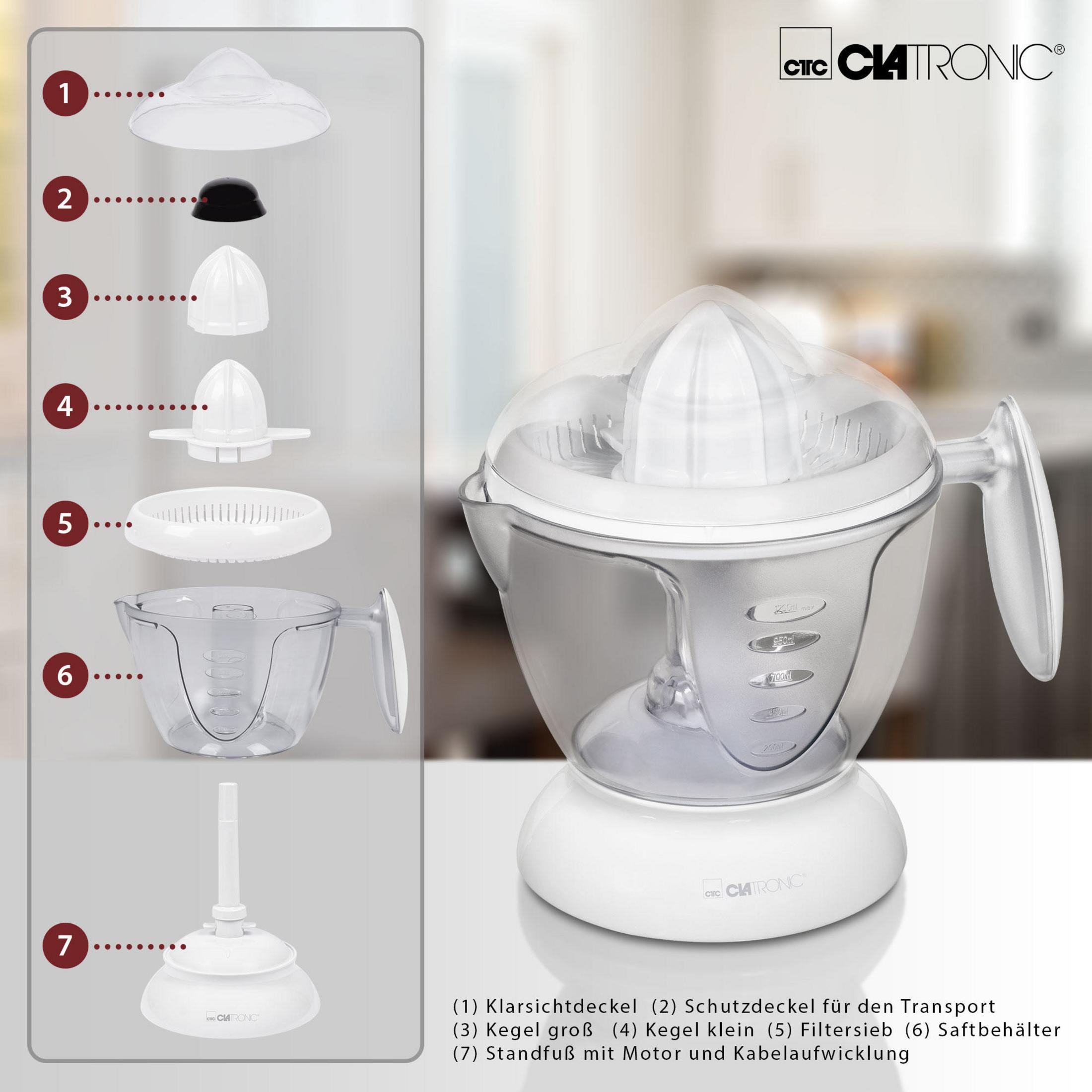 Wyiskarki do cytrusów z widokiem na części. Biała podstawa, przezroczysty pojemnik i różne elementy.