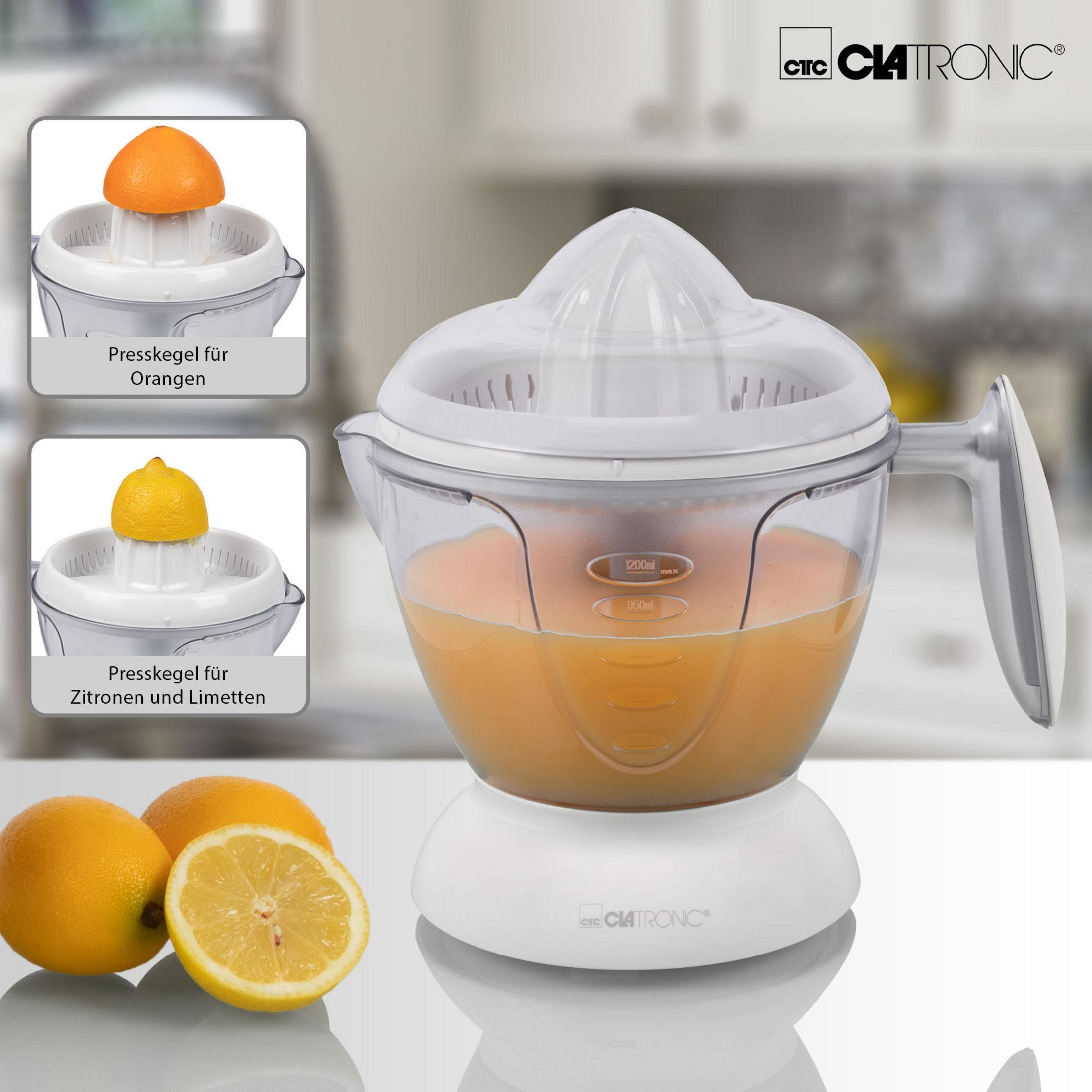 Wyiskacz do soku z sokiem pomarańczowym, cytrynami i instrukcjami. Sok znajduje się w przezroczystym pojemniku.