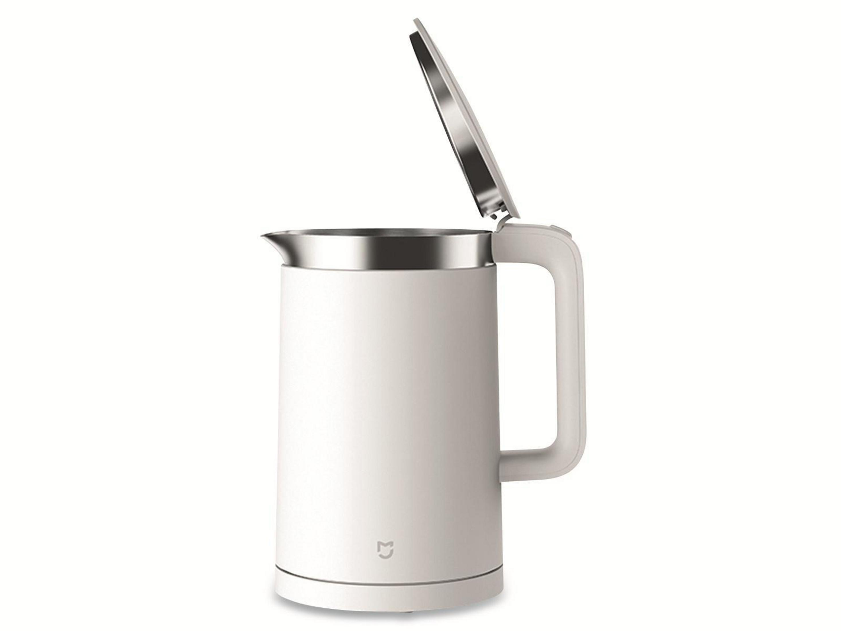 Witte elektrische waterkoker met open deksel, handvat en waterniveau-indicatoren.
