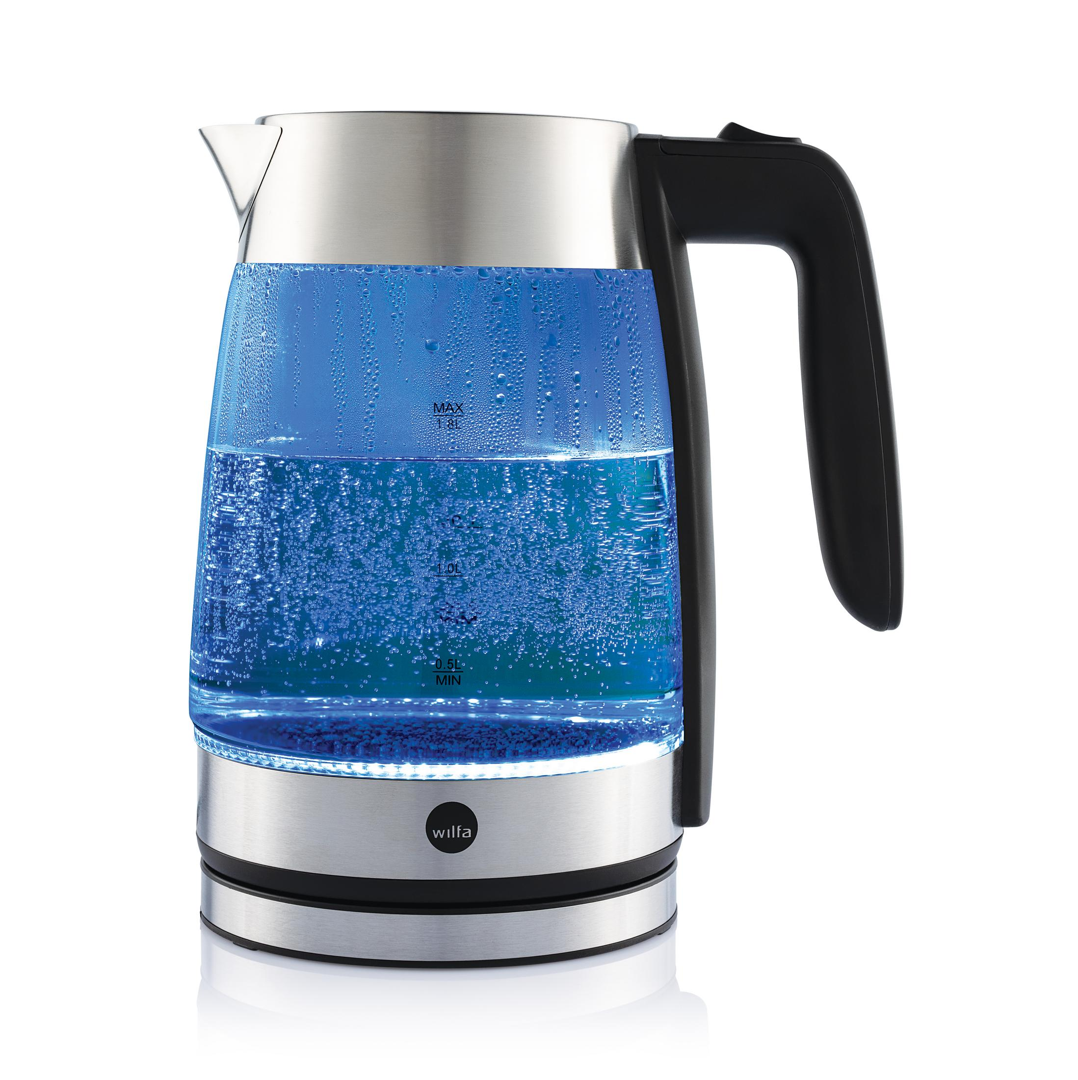 Elektrischer Glaskessel mit blauem Wasser und Chrom- und schwarzen Akzenten.