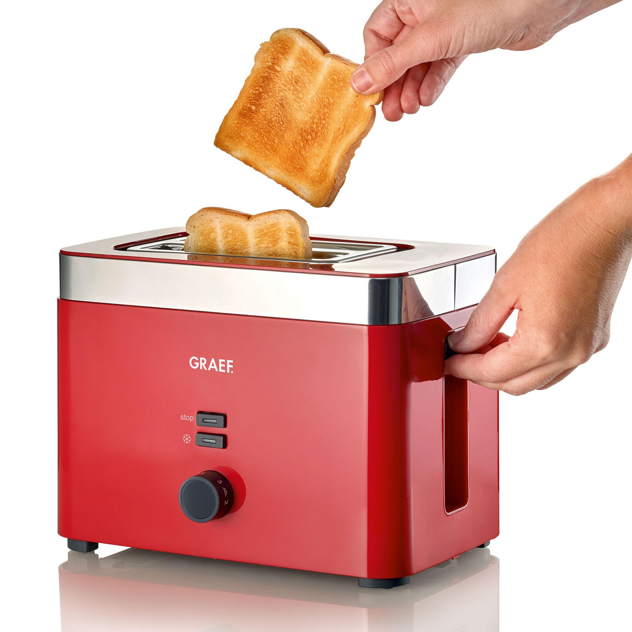Roter Toaster, in den eine Hand Toast einlegt.