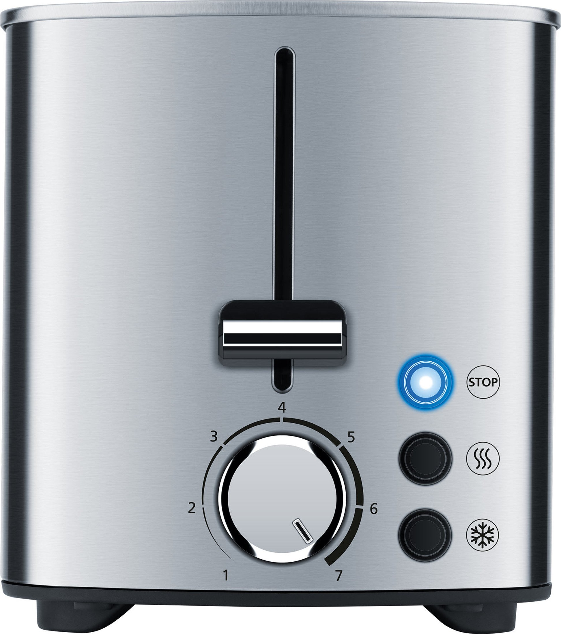 Toaster aus Edelstahl mit einem Drehregler zur Einstellung des Bräunungsgrades und verschiedenen Funktionstasten.