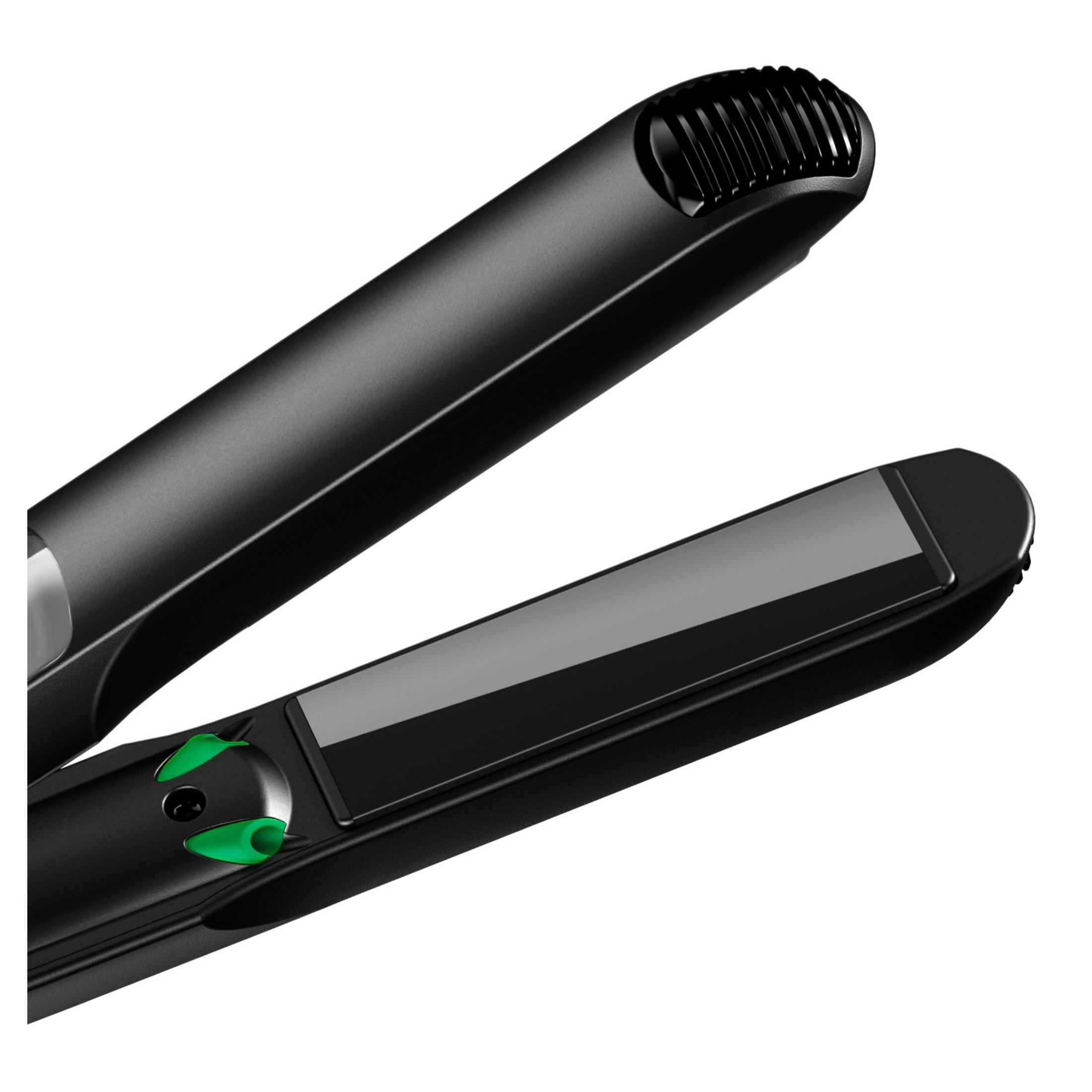 Czarna prostownica jest otwarta, pokazując płytki grzewcze. Tło jest białe.