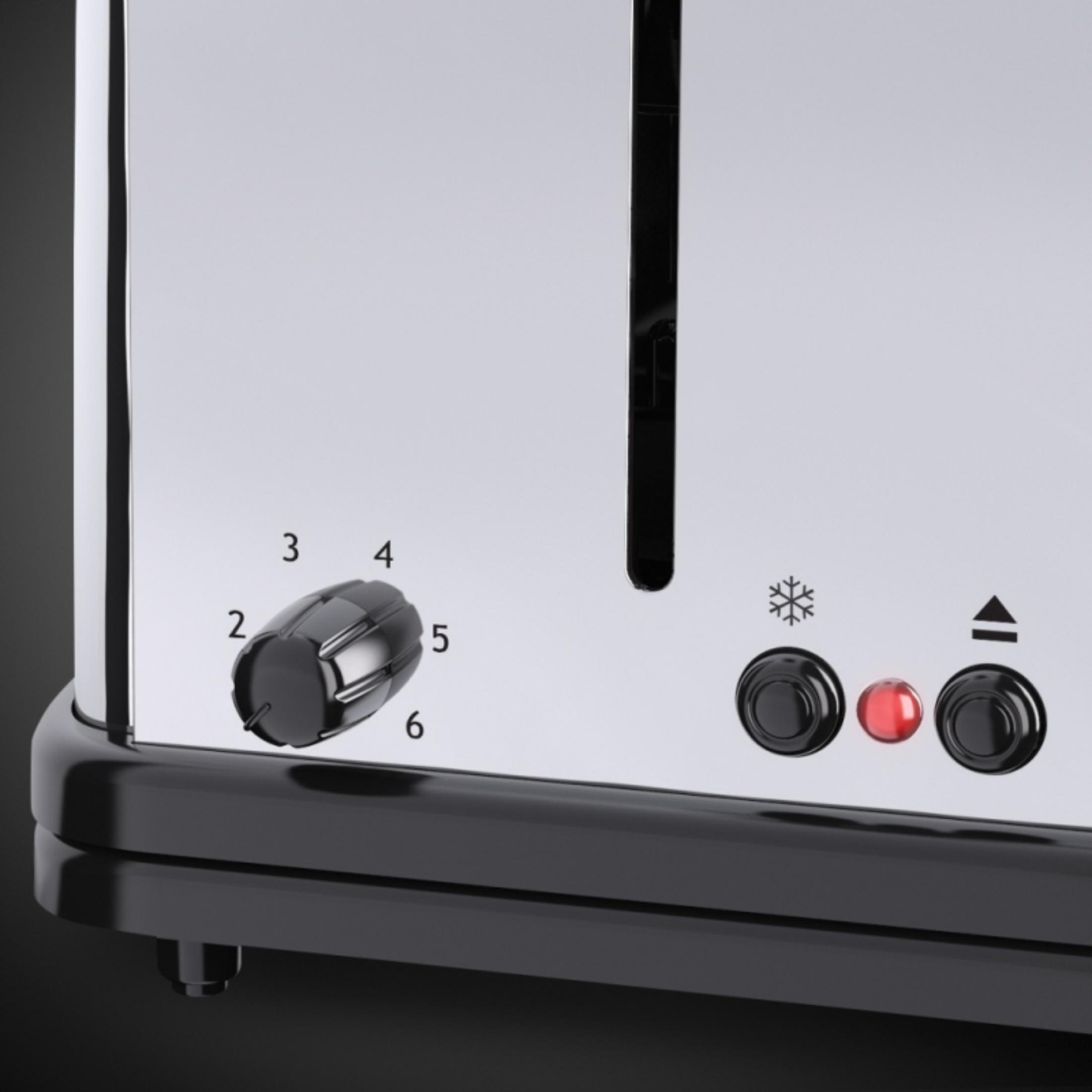 Toaster mit einem Drehregler von 2 bis 6. Zwei Knöpfe mit Schneeflocke und Pfeil nach oben.
