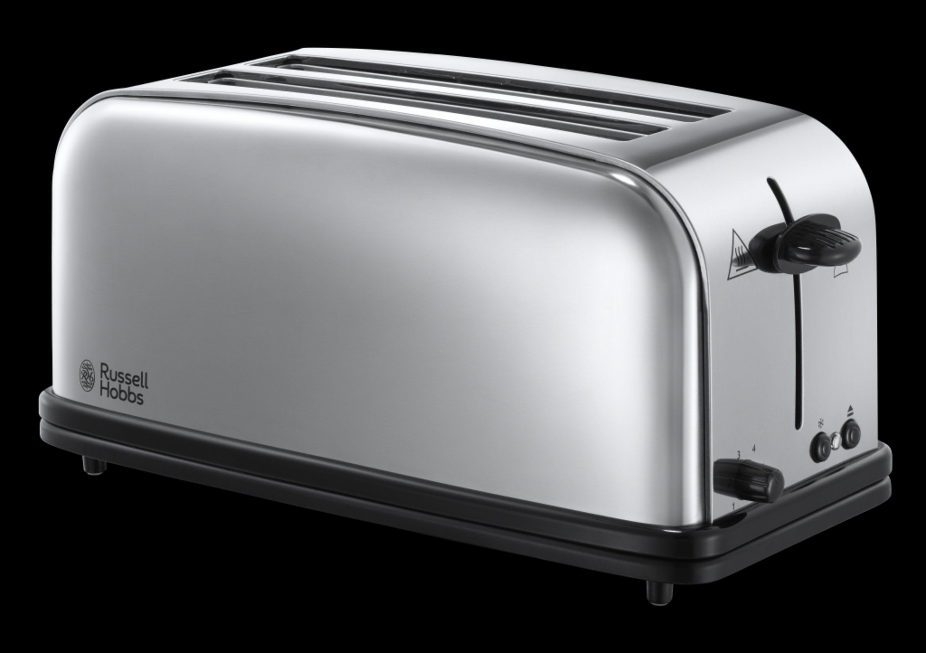 Ein silberner Toaster mit zwei Schlitzen auf schwarzem Sockel. Er hat einen Hebel und Knöpfe.