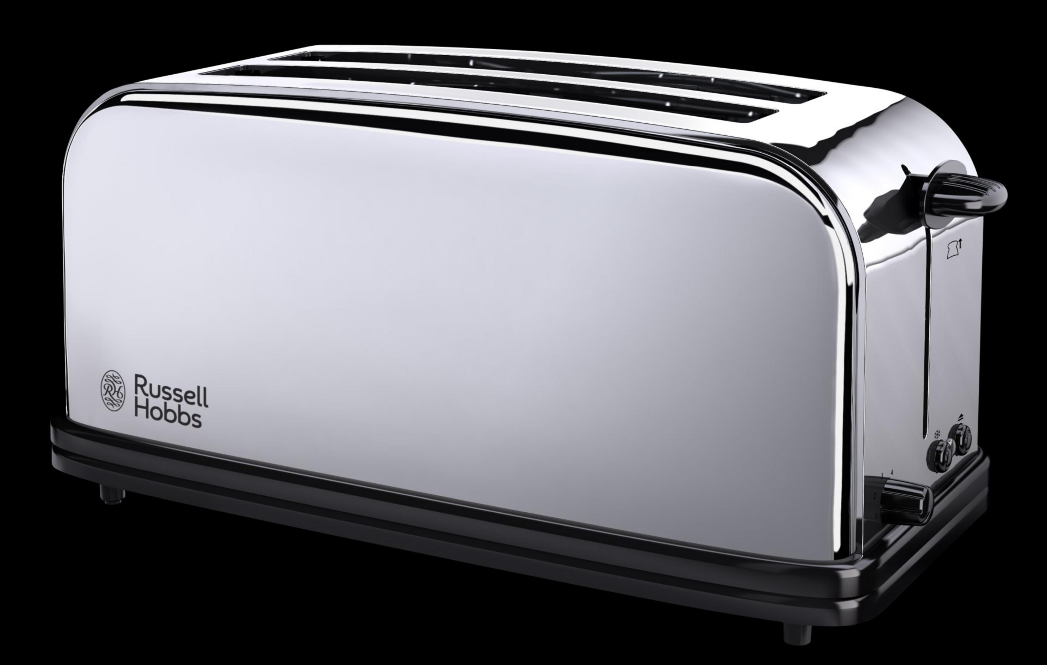 Glänzender Toaster aus Edelstahl mit schwarzem Sockel, der das Russell Hobbs-Logo zeigt.