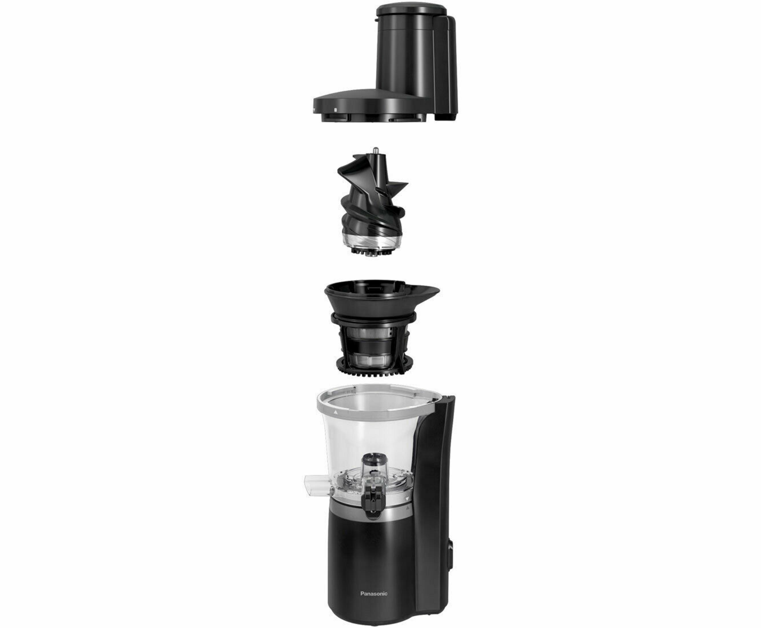 Rozłożona na części czarna wyciskarka do soku z różnymi elementami ustawionymi w linii pionowej.