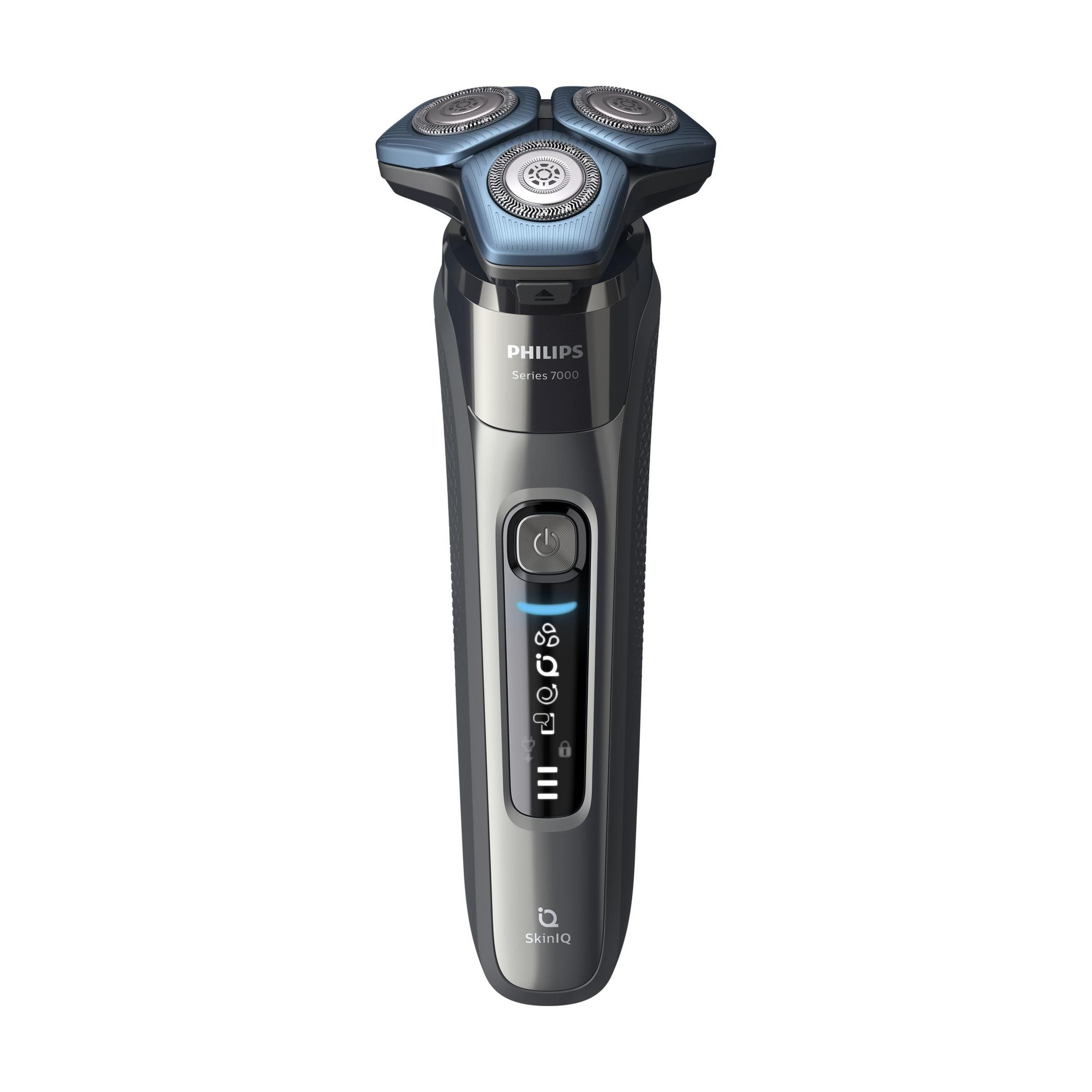 Un rasoio elettrico Philips Series 7000 argento e blu in posizione verticale.