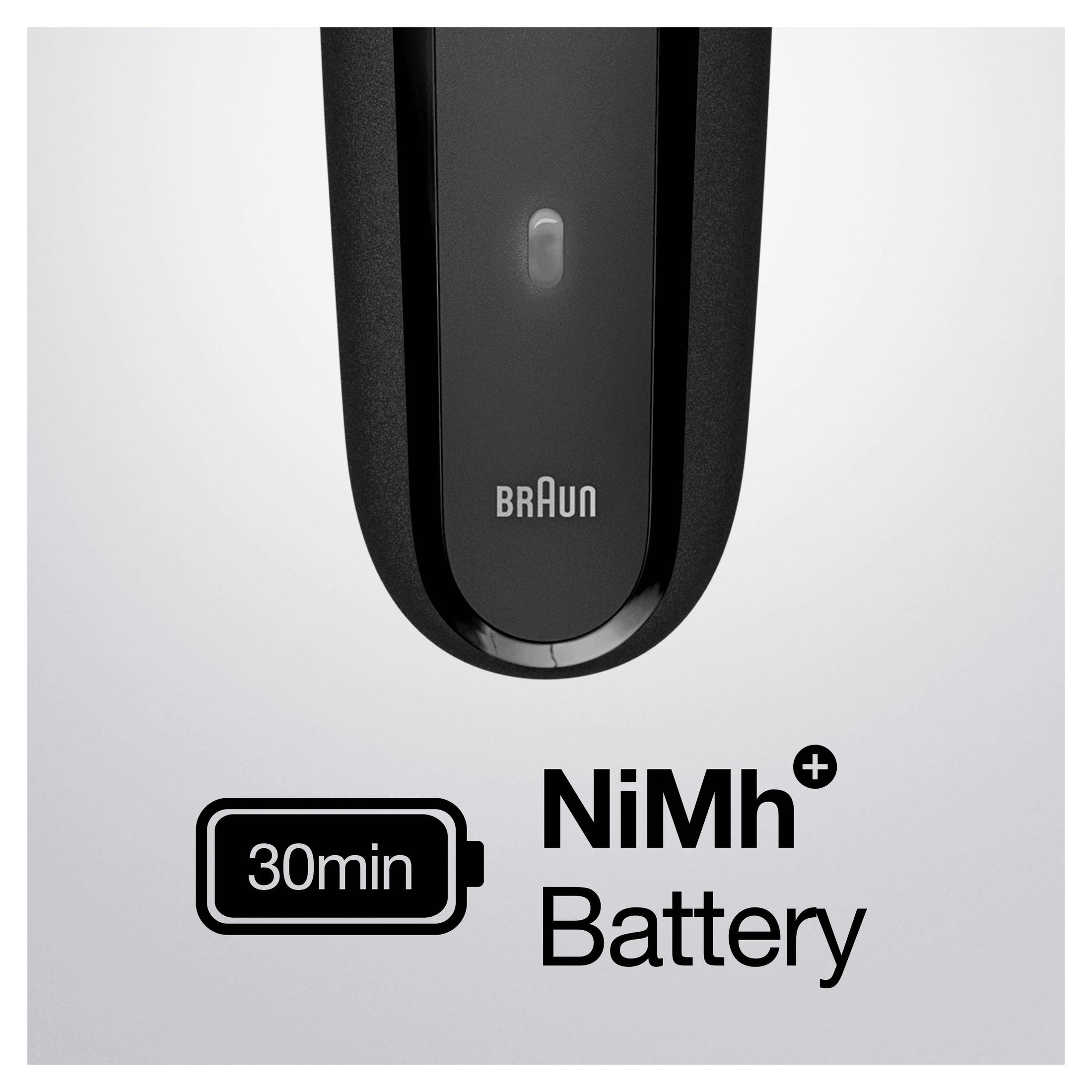 Un rasoio nero con 'Braun' e informazioni sulla batteria: 30min e batteria NiMh.