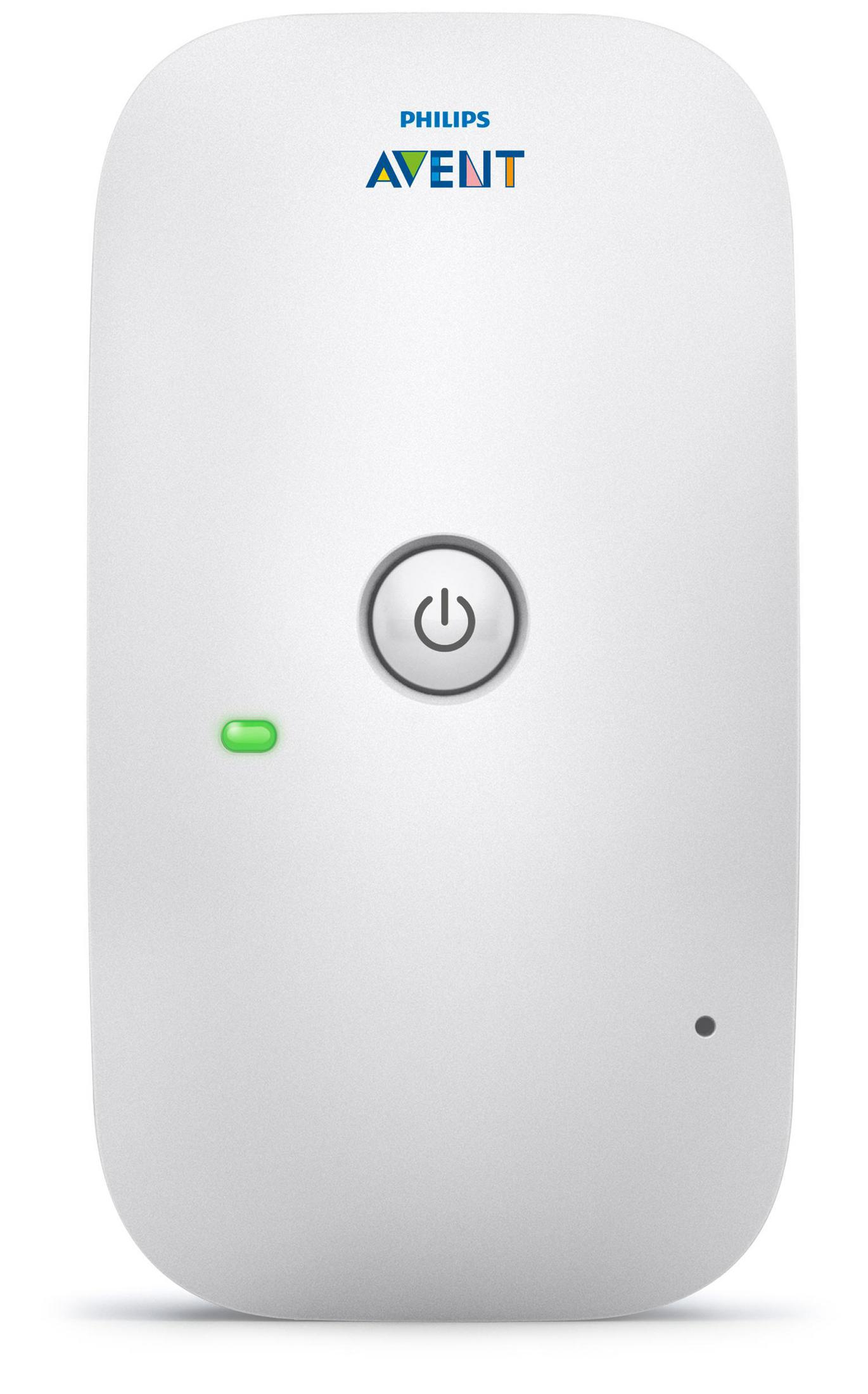 Un dispositivo blanco Philips Avent. Tiene un botón de encendido, una luz verde y un pequeño punto negro.