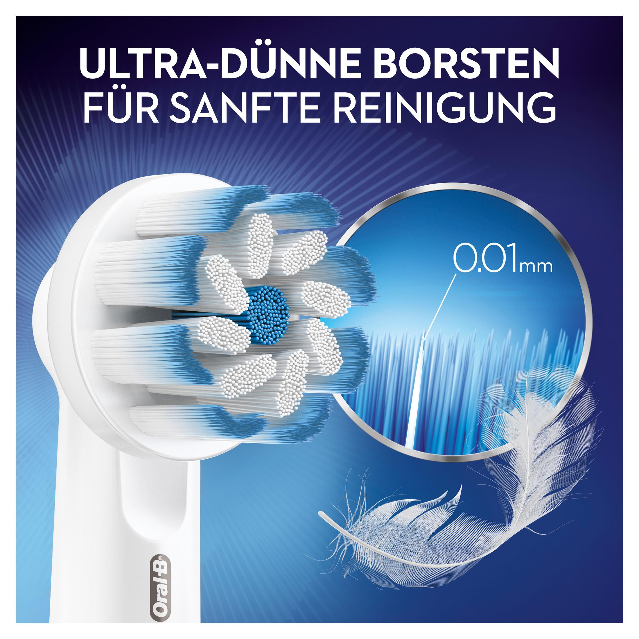 Nahaufnahme eines weißen und blauen Zahnbürstenkopfes. Die Borsten sind weiß und blau.