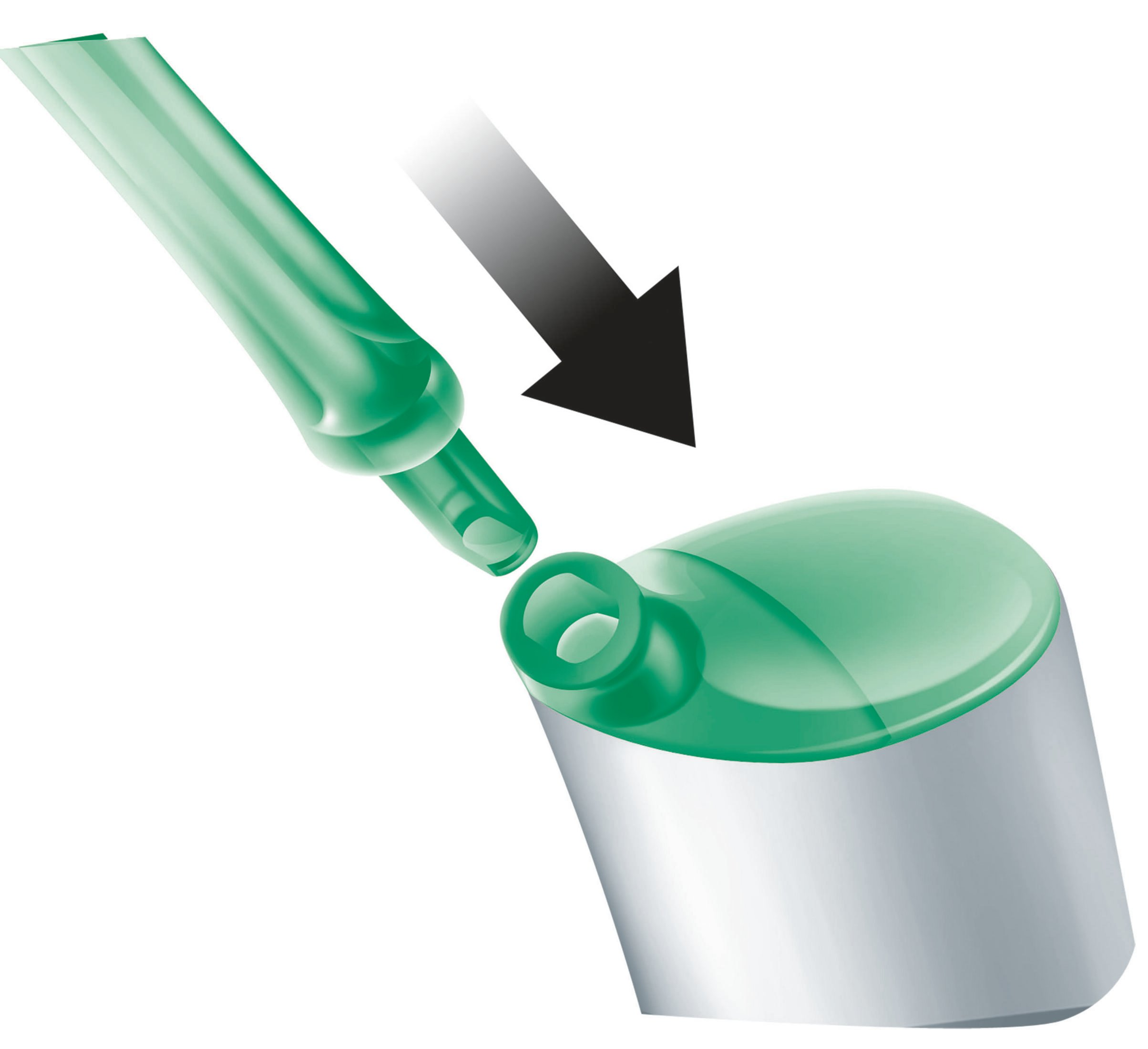 Grüne Flasche, ein schwarzer Pfeil zeigt auf die obere Öffnung.