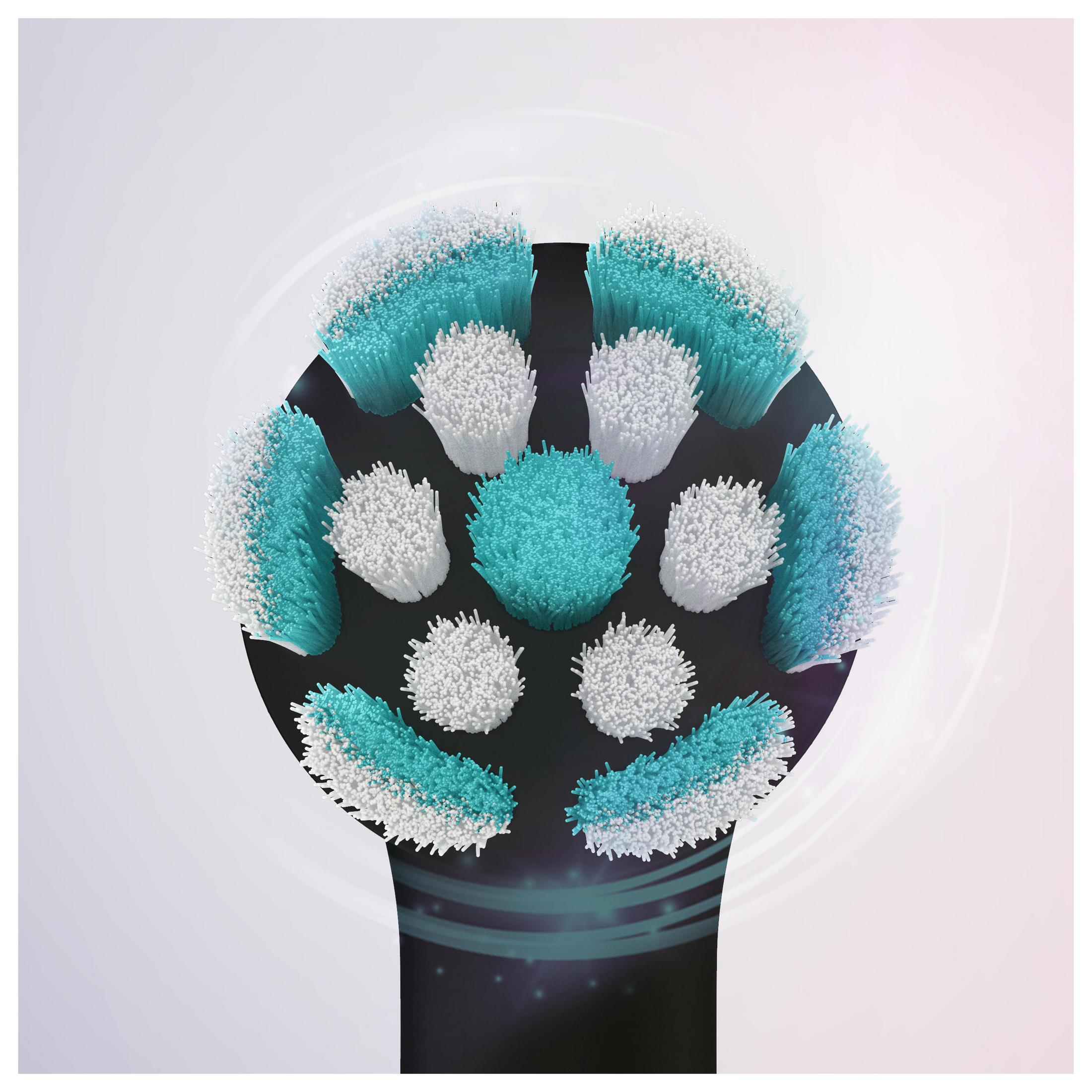 Zbliżenie główki szczoteczki elektrycznej z wielokolorowym włosiem.