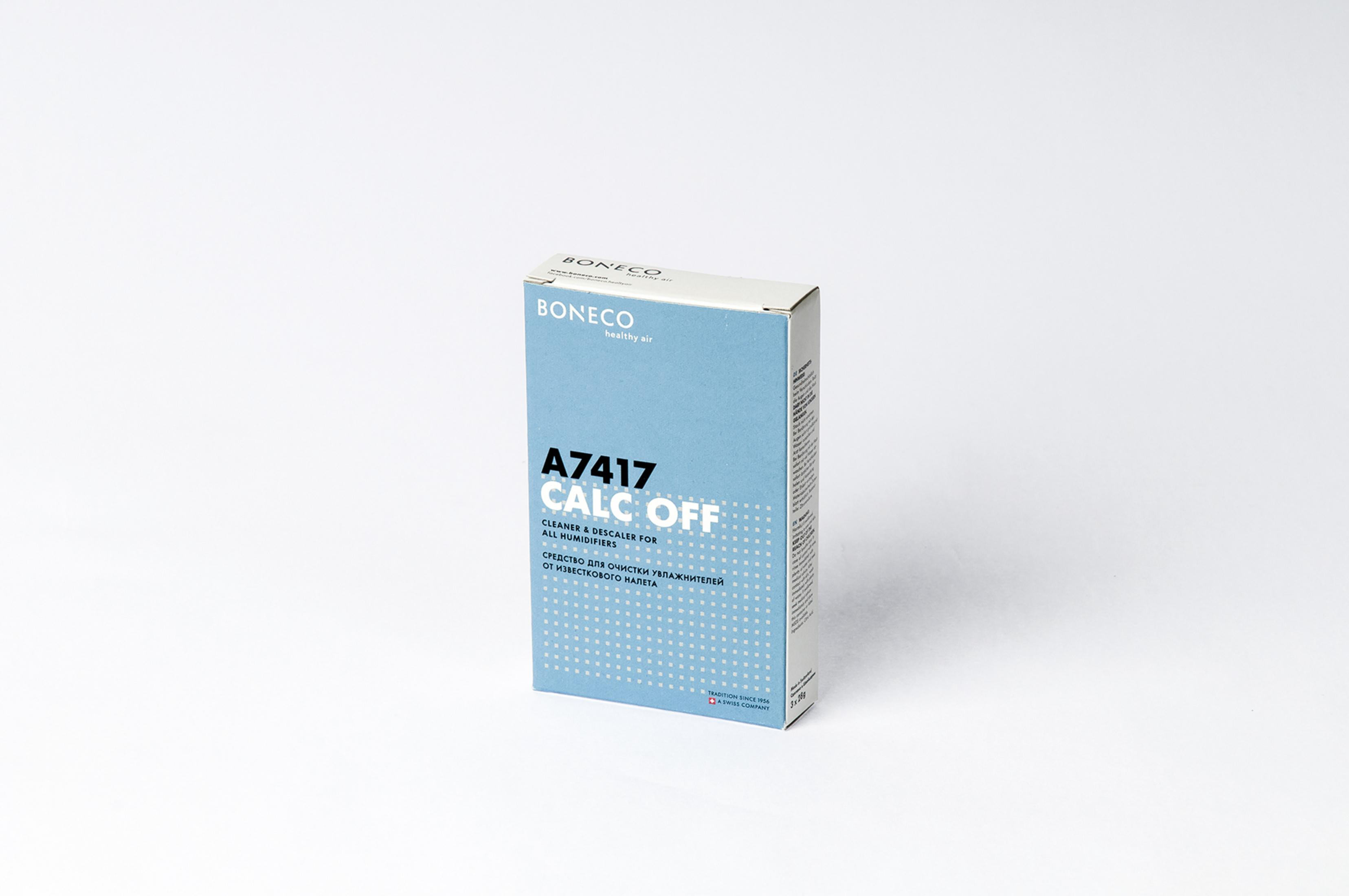Eine blau-weiße Box von BONECO A7417 Calc Off Reiniger und Entkalker für alle Filter.