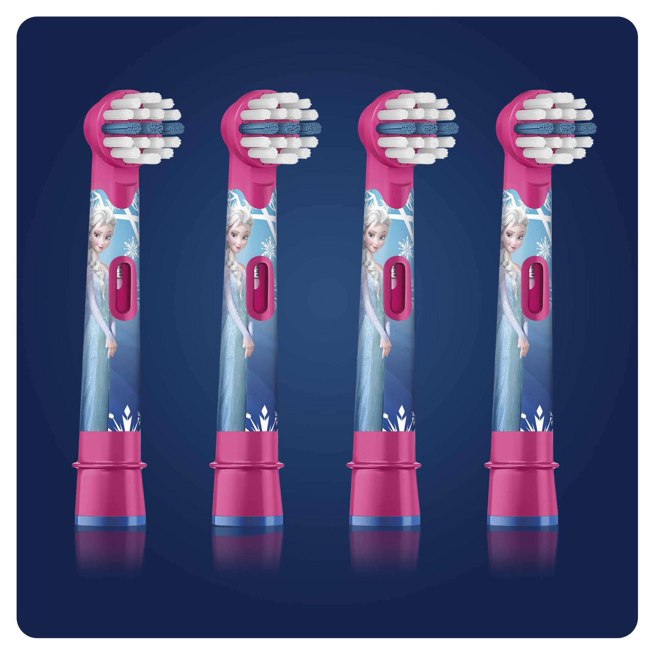 Cztery różowe główki szczoteczek do zębów z Elsą z Krainy Lodu, na niebieskim tle.
