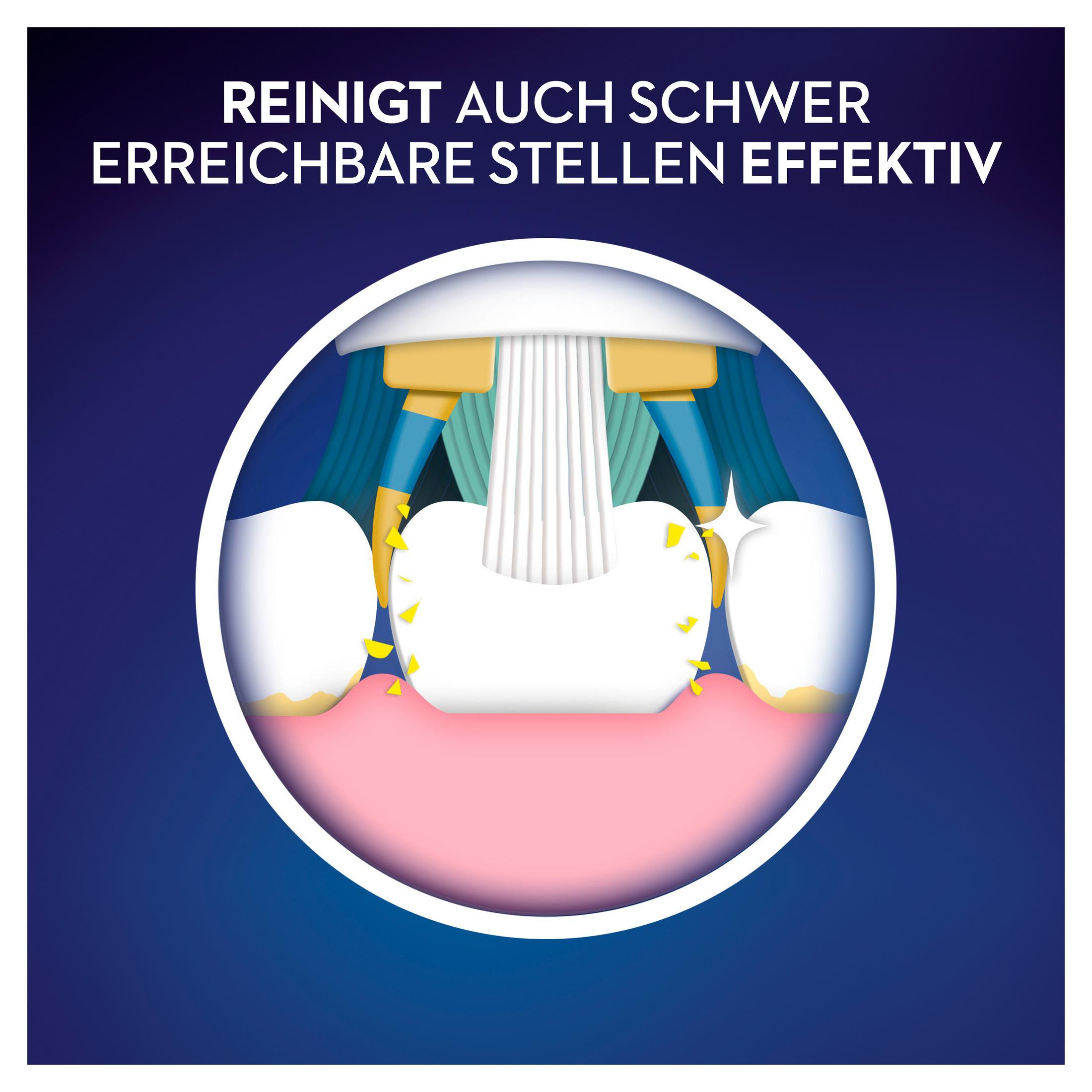 Illustration einer Zahnbürste, die einen Zahn reinigt. Text im Hintergrund.