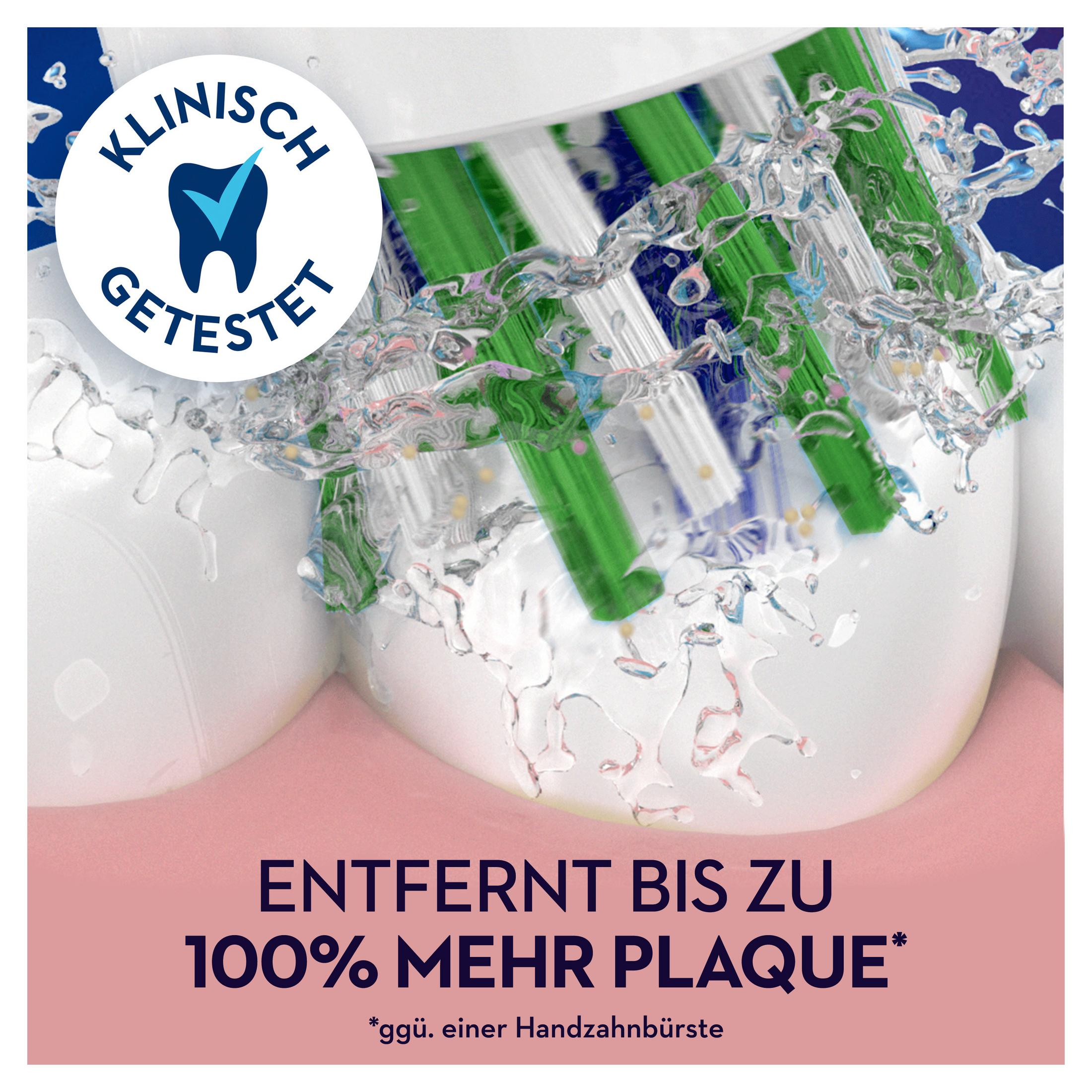 Primo piano delle testine dello spazzolino con spruzzi d'acqua. Testo: "Rimuove fino al 100% di placca in più".