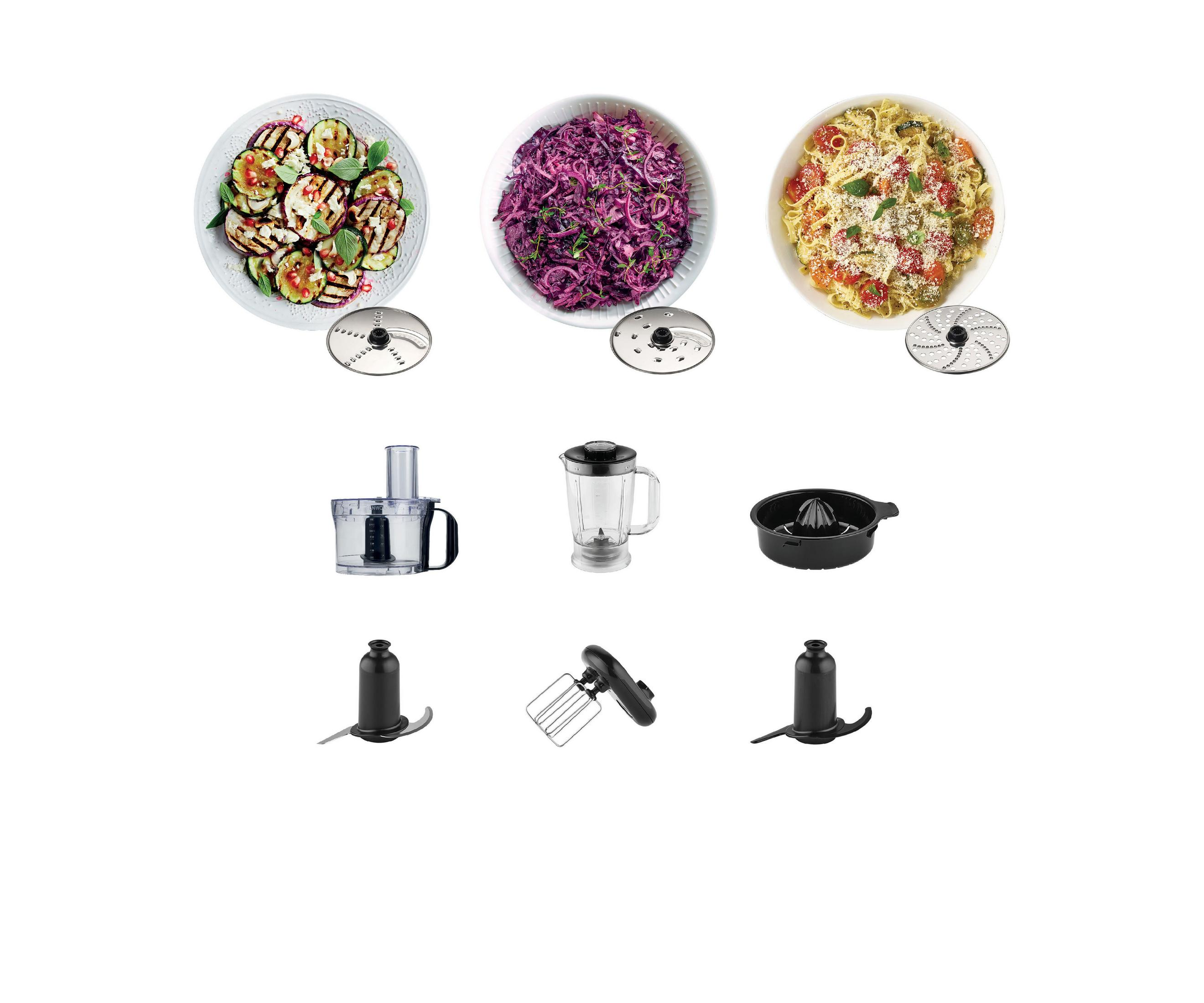 Overhead shot of plates with food and various food processing tools. Blades, blender and processor are present.