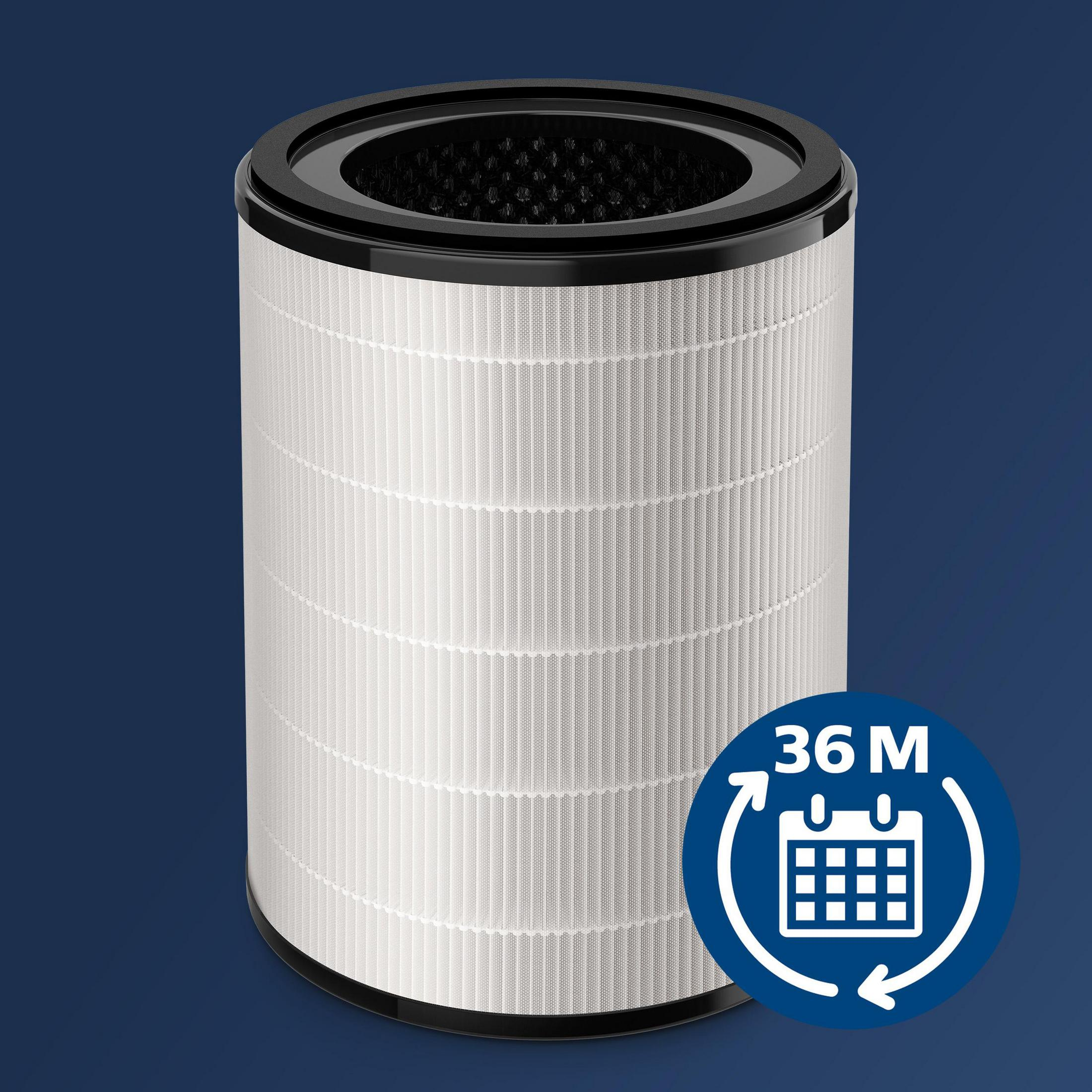 Un filtro de aire blanco con un círculo azul que indica un ciclo de reemplazo de 36 meses.