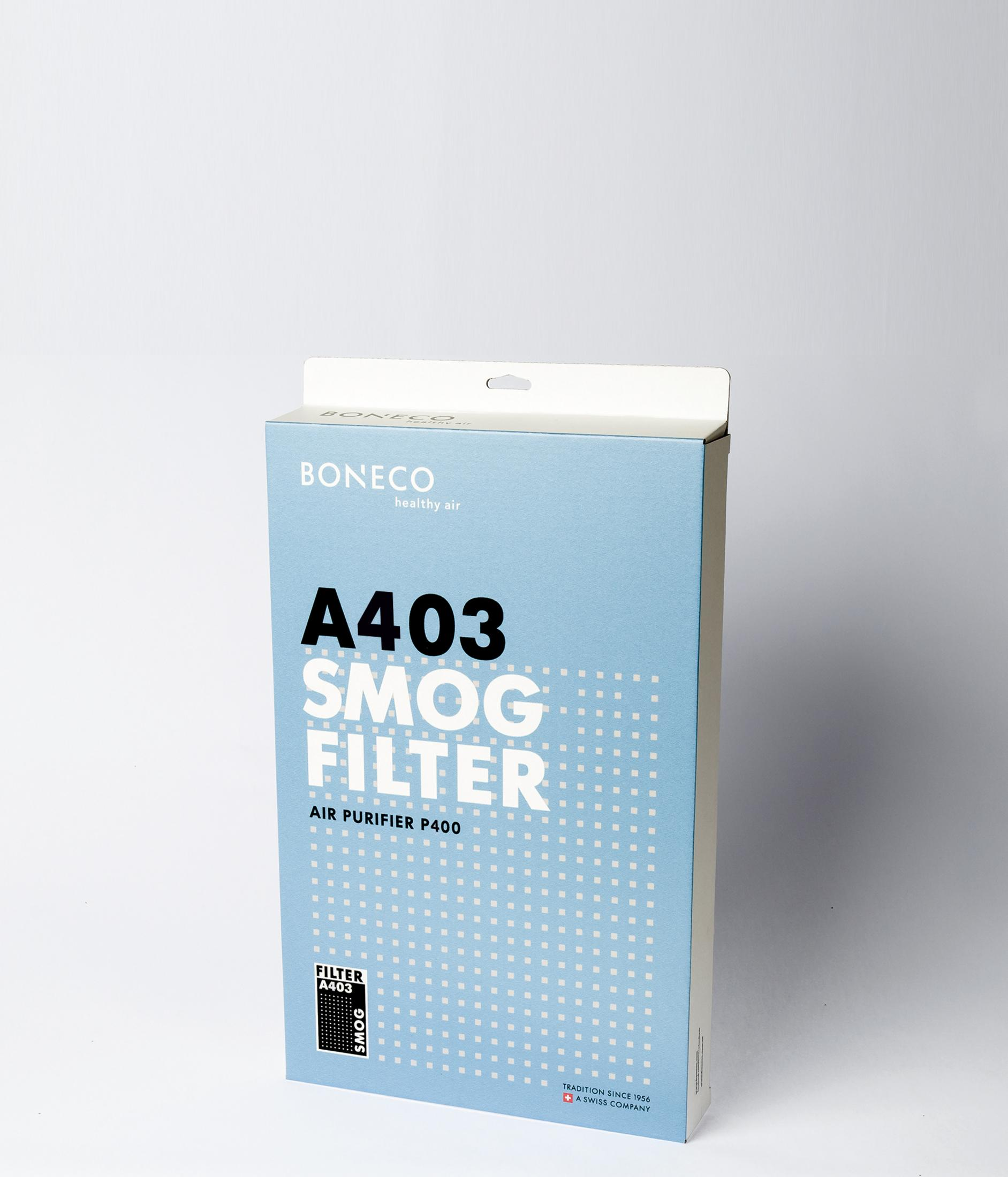 Blaue Box mit 'A403 SMOG FILTER' Text und BONECO-Logo.
