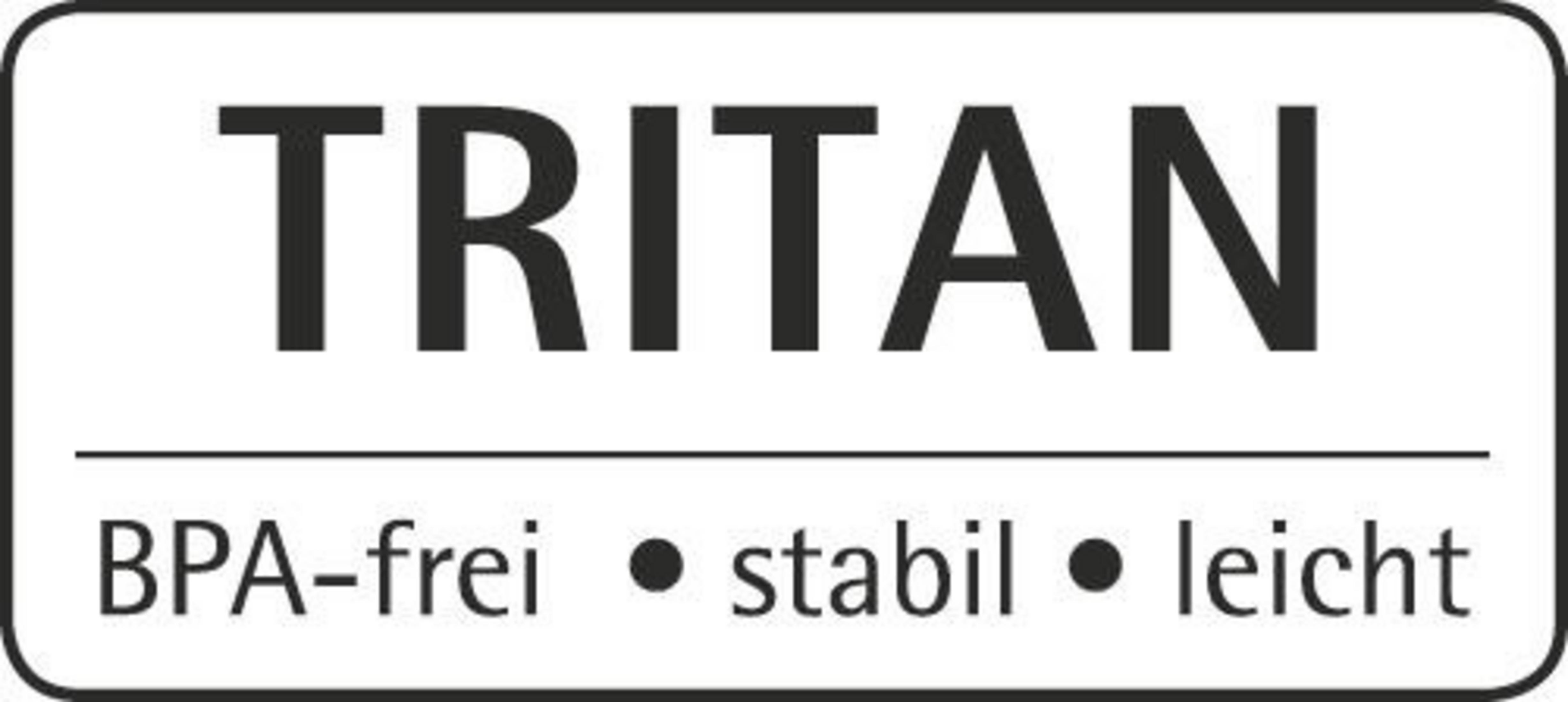 Rettangolo bianco con testo nero 'TRITAN', poi 'BPA-frei • stabil • leicht'.