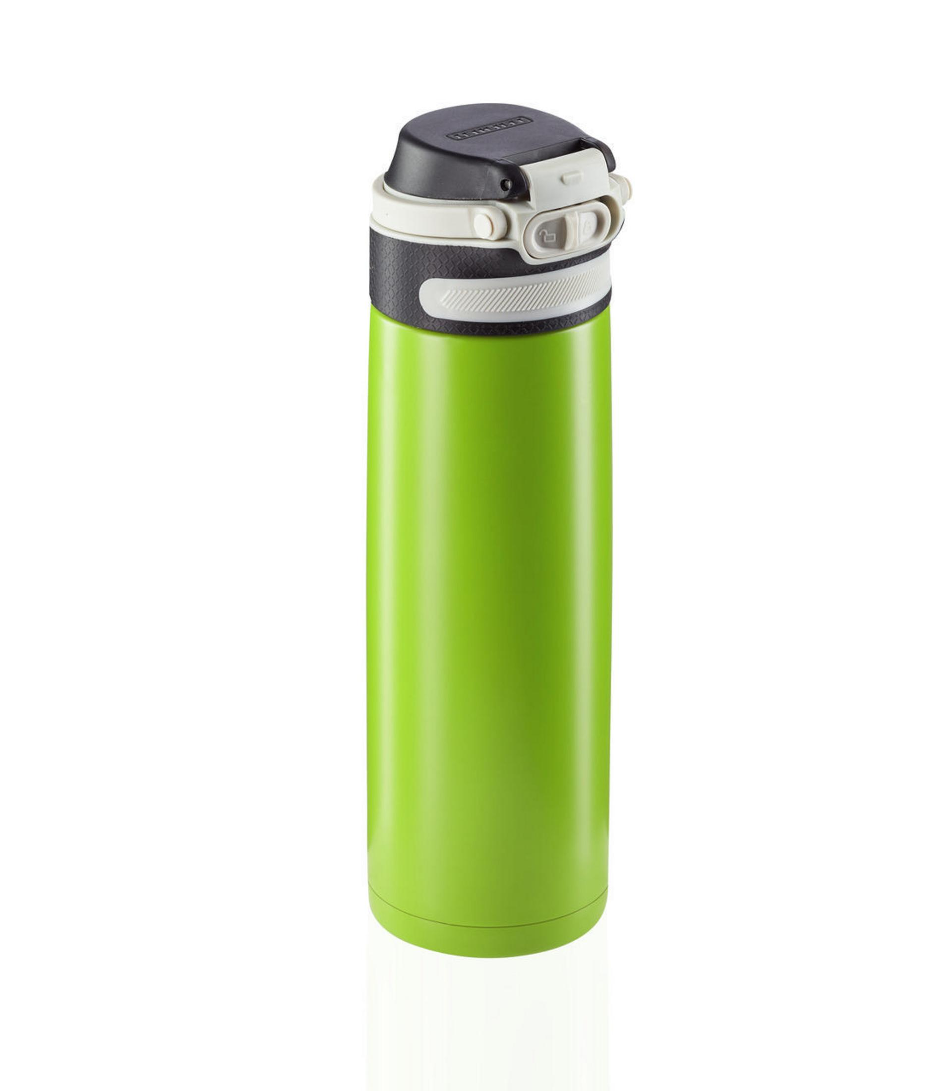 Grüne Thermosflasche mit schwarzem Deckel und weißem Knopf.