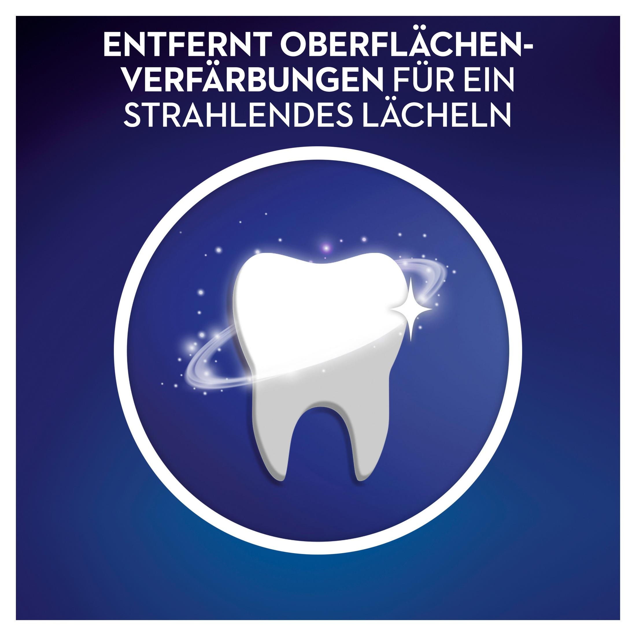 Ein weißer Zahn mit Glanzeffekt, umgeben von blauem Hintergrund, wirbt für Zahnhygiene.
