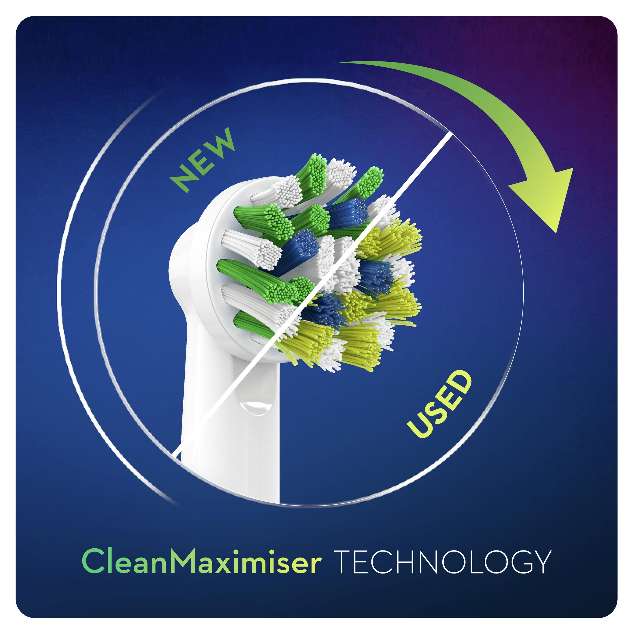Ein Zahnbürstenkopf, neu und gebraucht, mit CleanMaximiser-Technologie.
