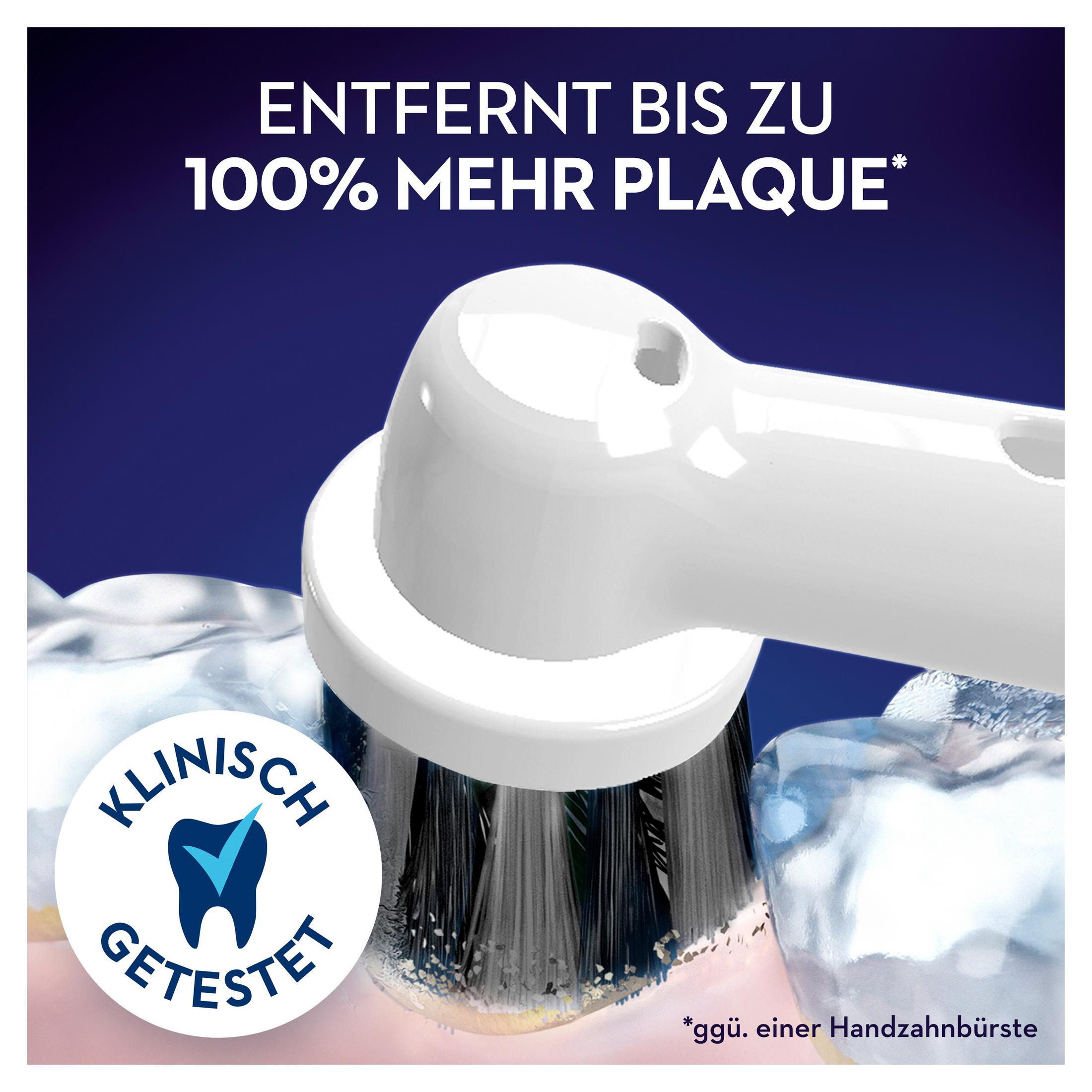 Zahnbürstenkopf mit Text: 'Entfernt bis zu 100% mehr Plaque' und einem Siegel 'klinisch getestet'.