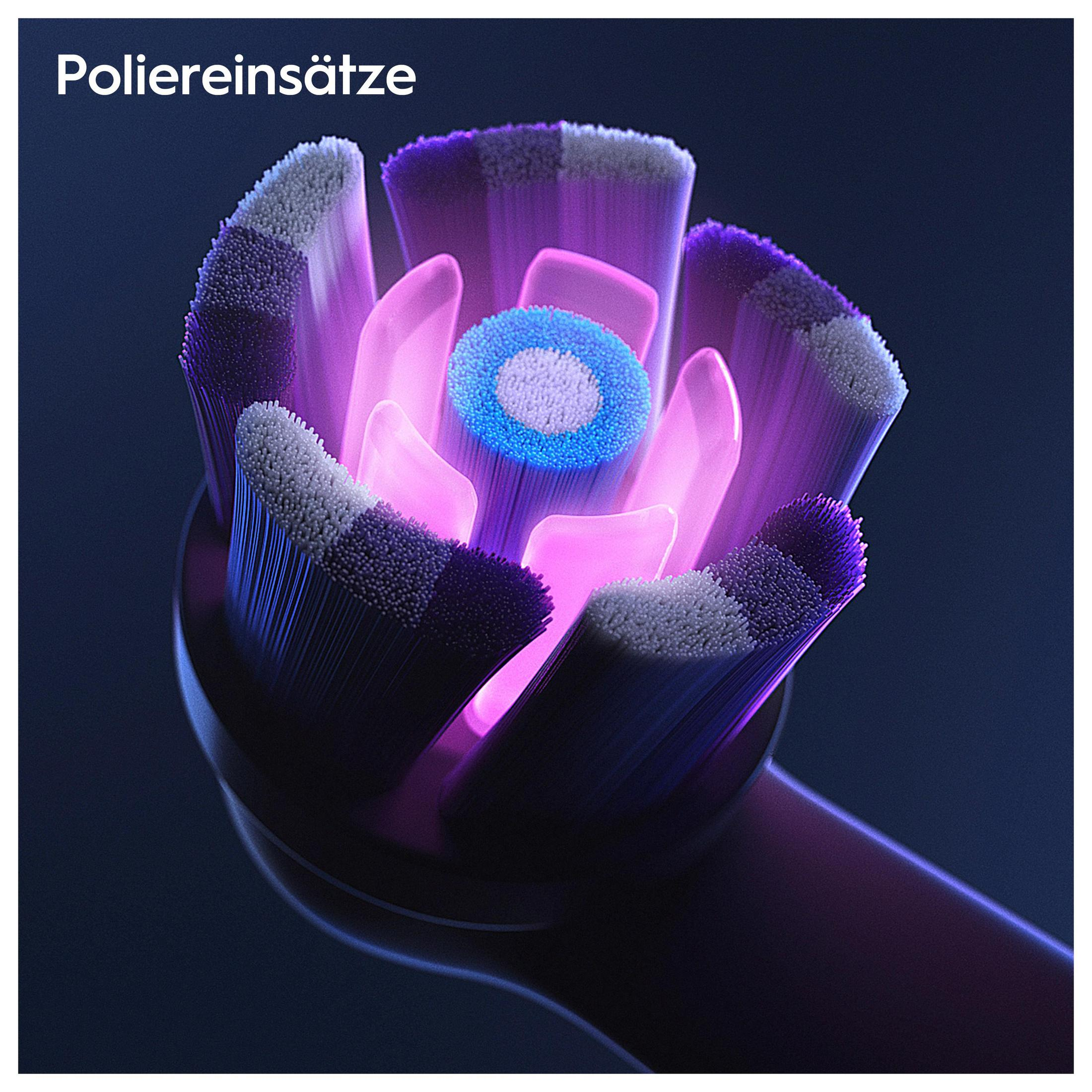 Nahaufnahme eines Zahnbürstenkopfes, mit lila Borsten und blauem Zentrum.