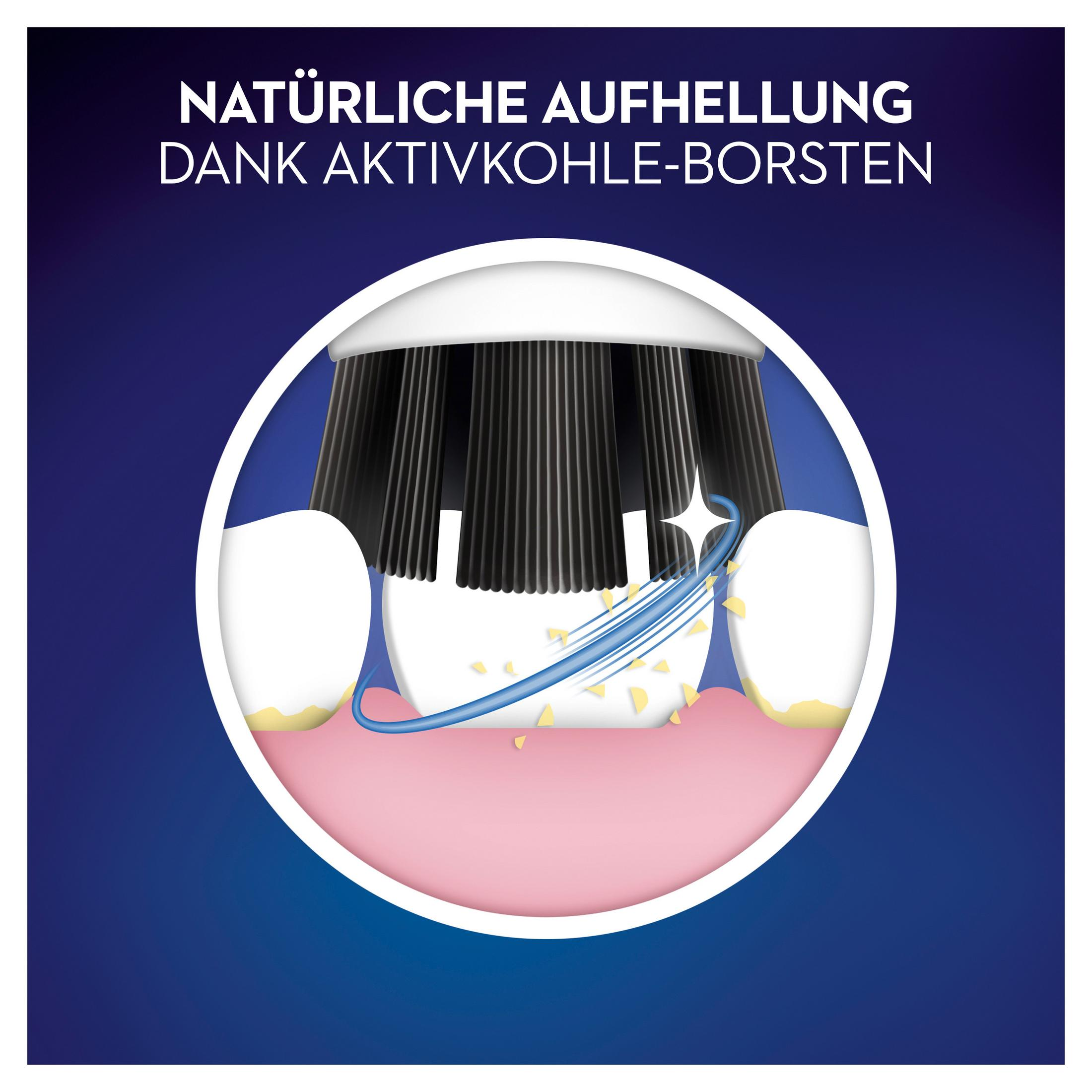 Zähne, die mit einer Zahnbürste gereinigt werden. Der Hintergrund ist dunkelblau.