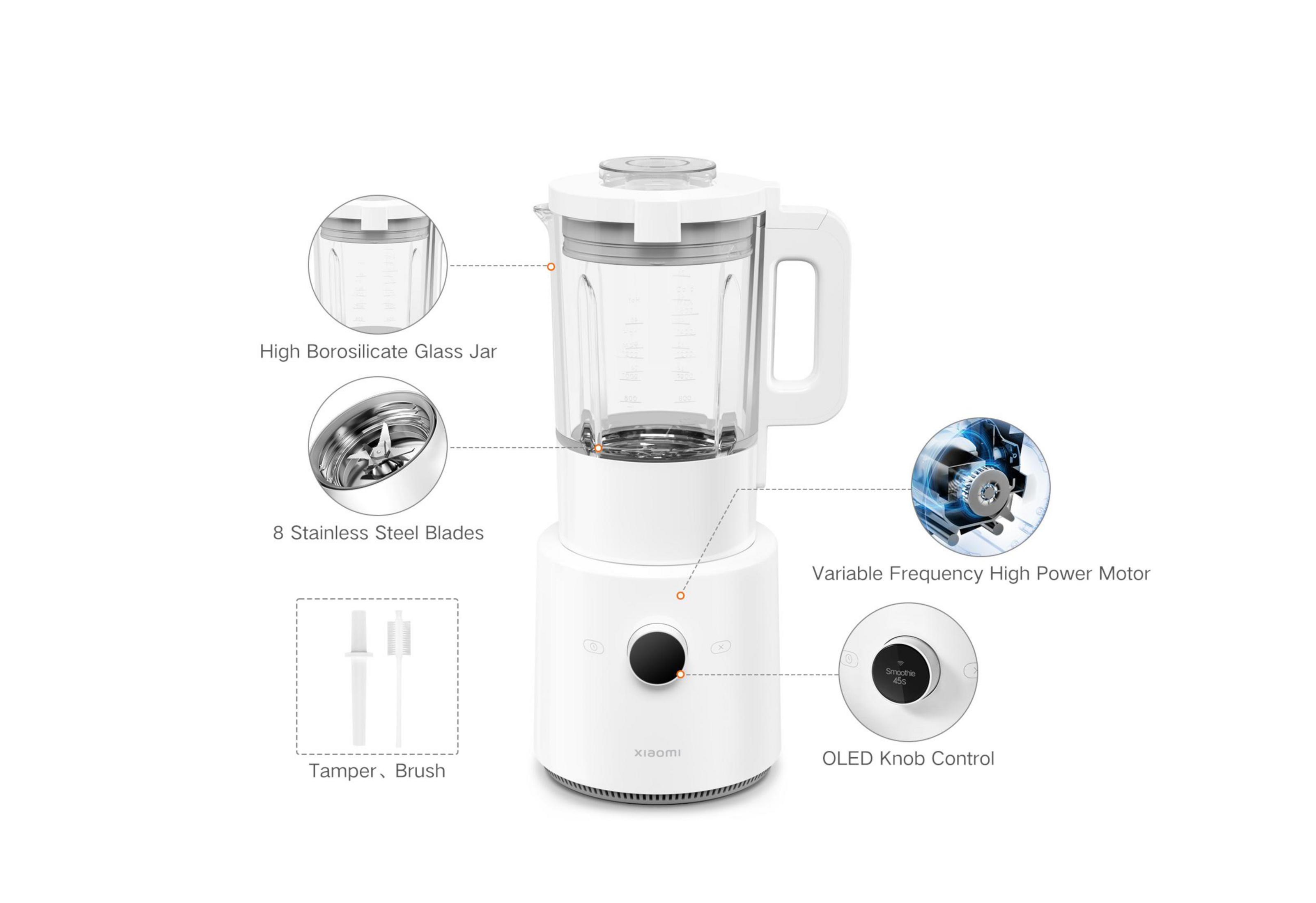 Witte blender met een glazen kan. Toont componenten: messen, motor en OLED-bediening. Witte achtergrond.