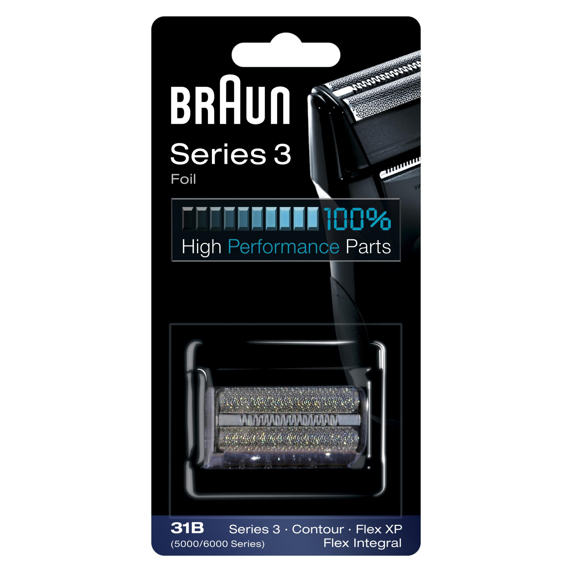 Braun Series 3 Folienrasierer Ersatzteile in Verpackung, mit Leistungsbalken.