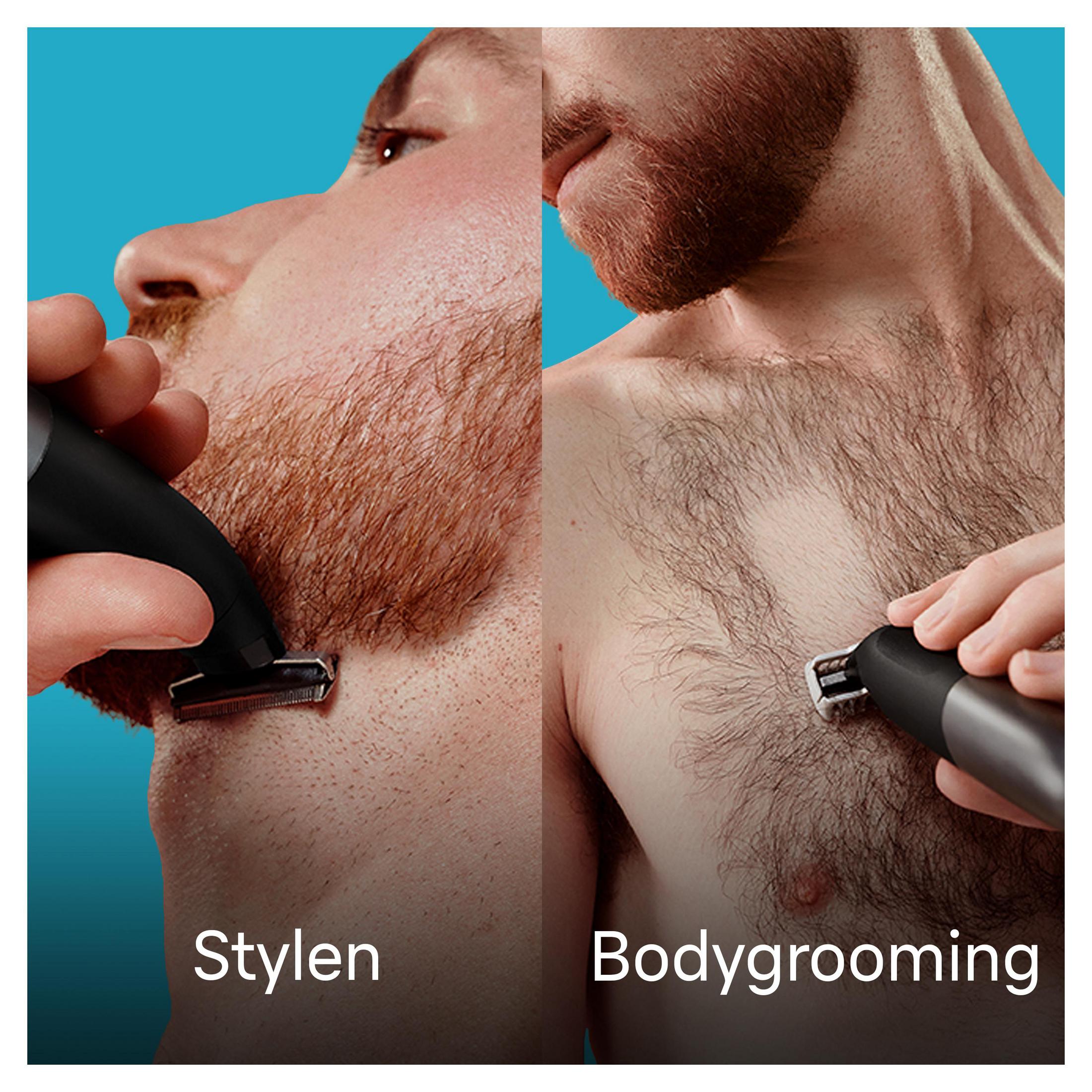 Mężczyzna pielęgnujący zarost za pomocą trymera. Obraz jest podzielony, pokazując 'Stylen' i 'Bodygrooming'.