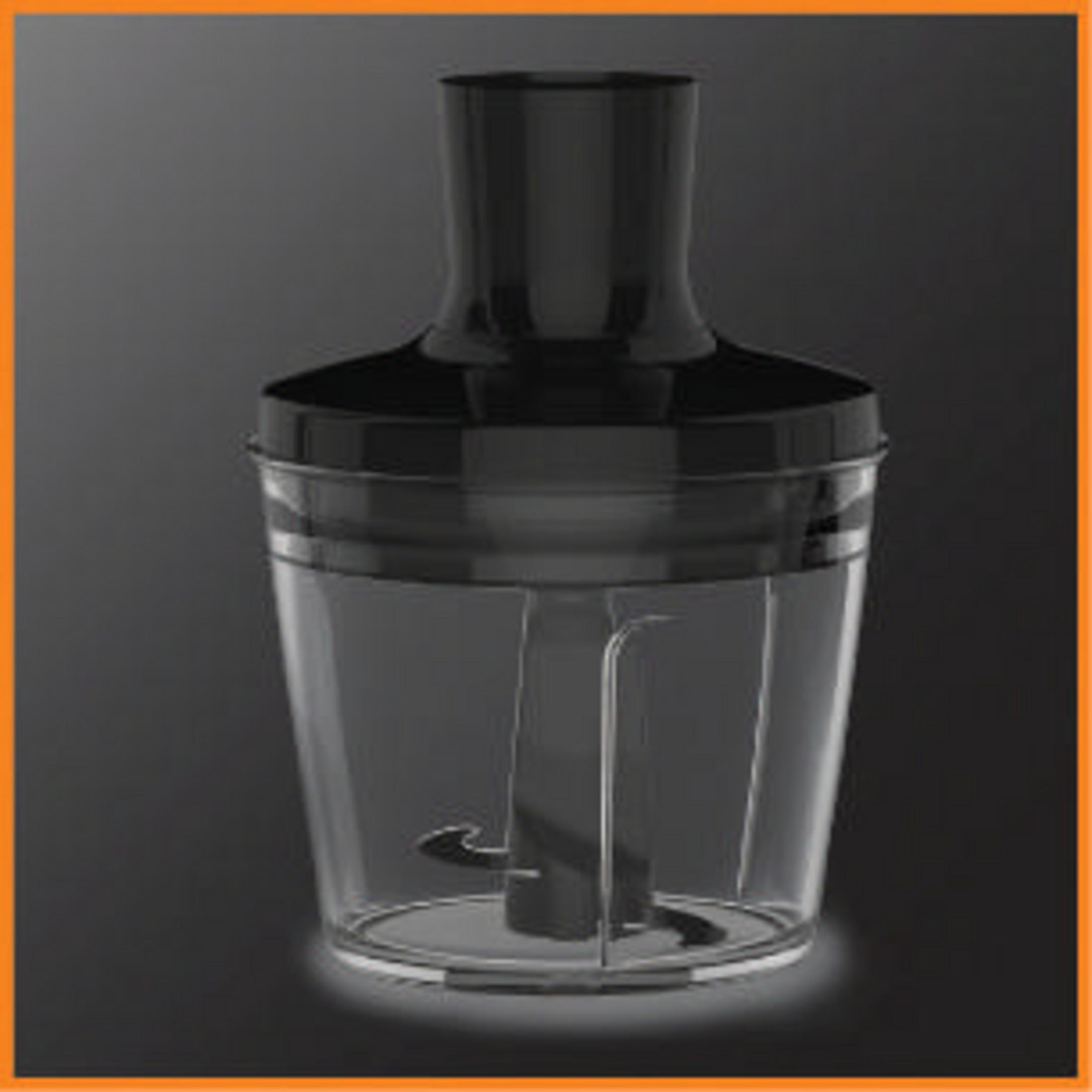 Czarny blender ręczny. Przezroczysty plastikowy kubek pokazuje ostrze w pojemniku.