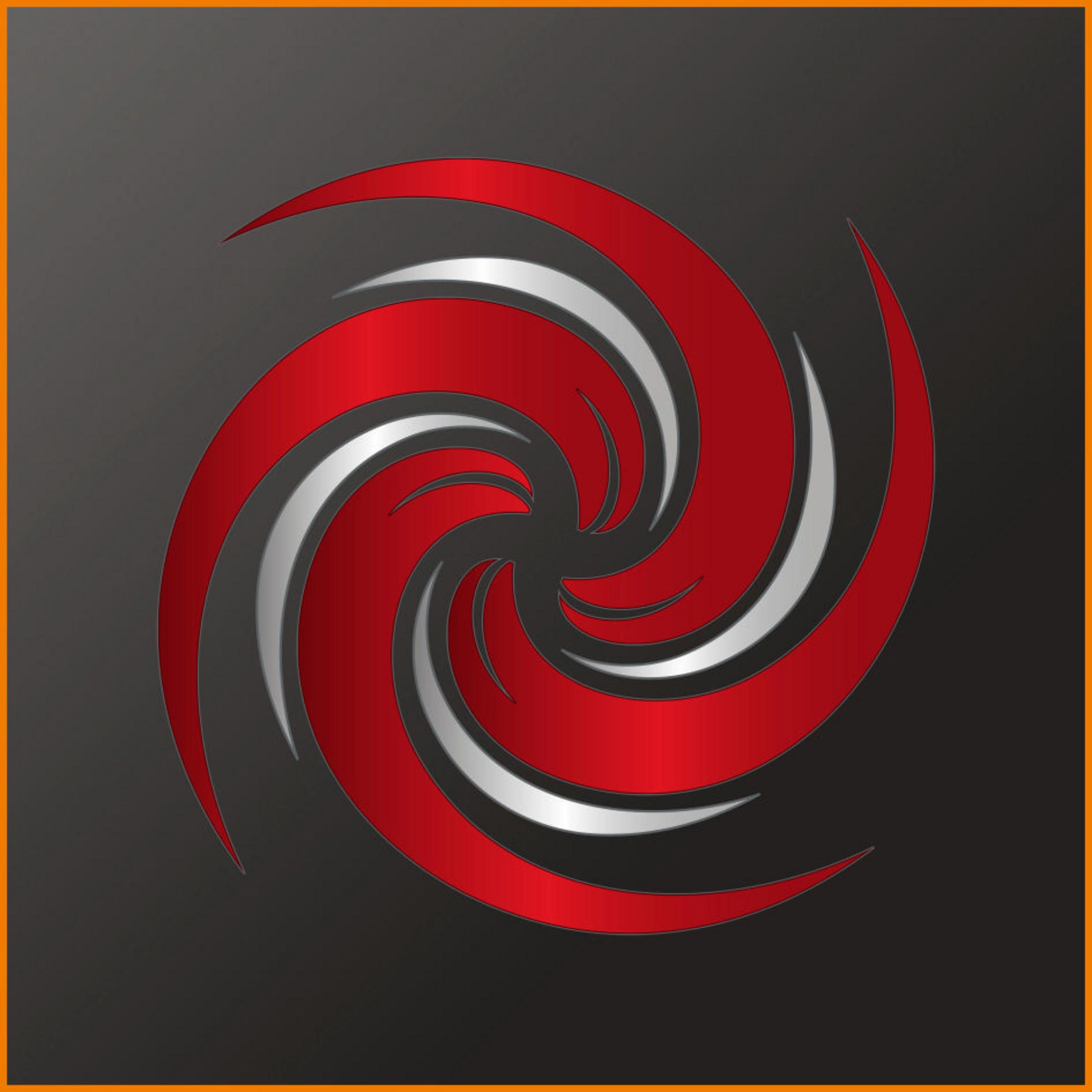 Abstrakcyjne logo w postaci wiru w kolorze czerwonym i srebrnym na szarym tle.