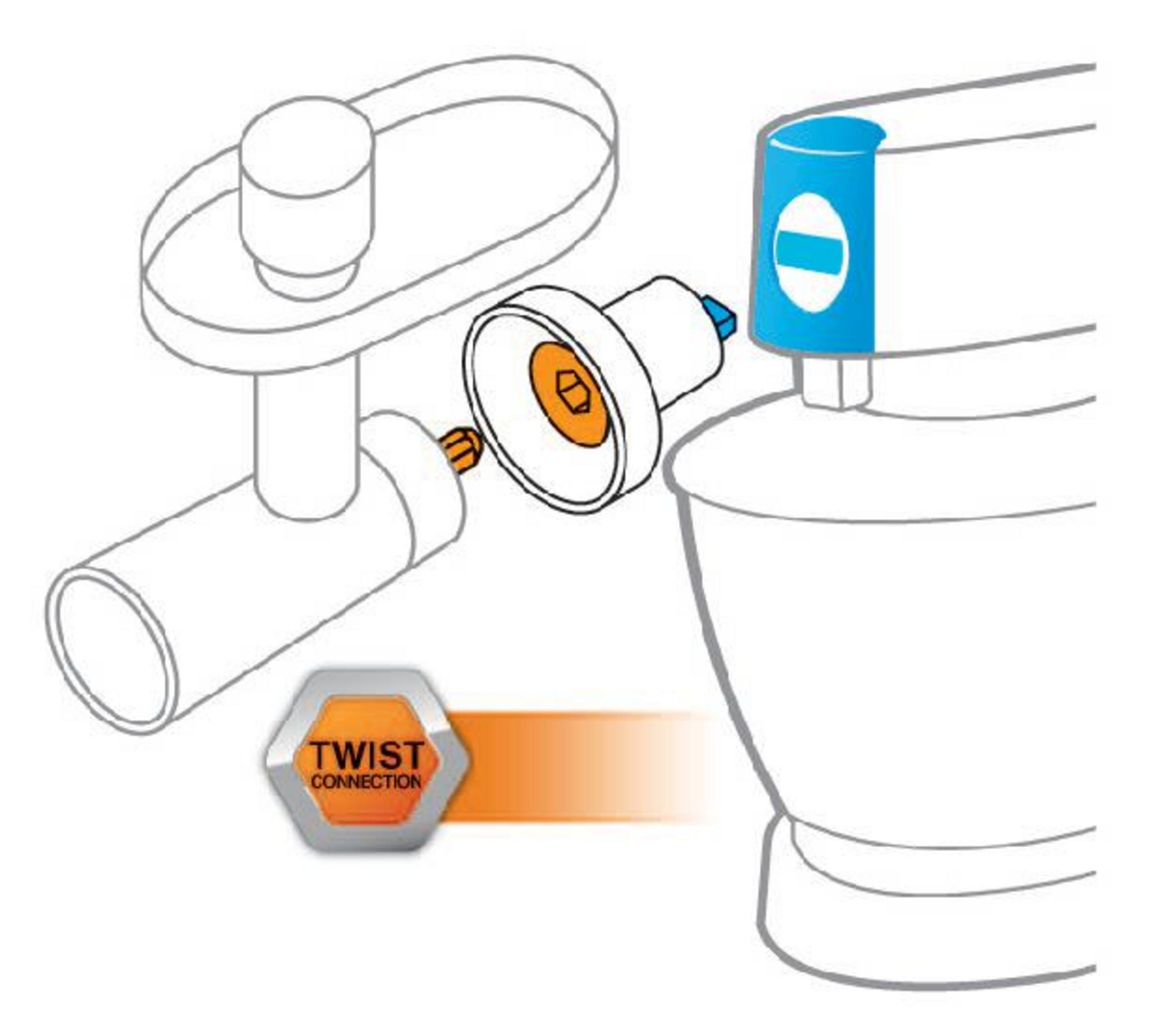 Ilustracja części sprzętu kuchennego. Połączenie obrotowe jest podświetlone pomarańczowym sześciokątem.