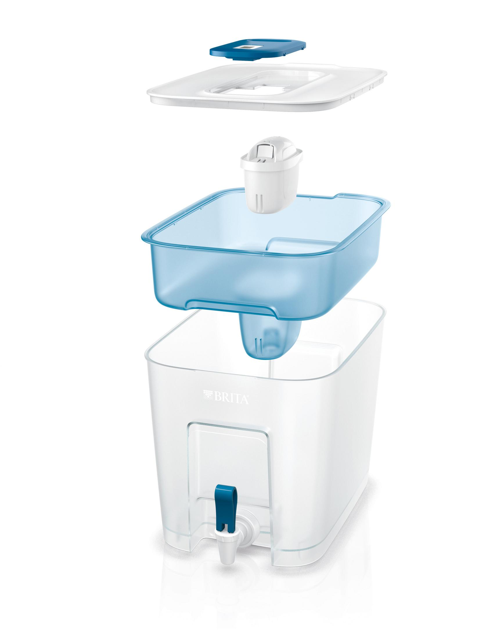 A disassembled water filter system with blue and white components.
